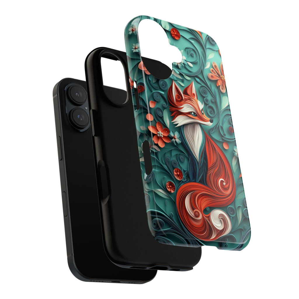 3D Fox and Floral Paper Art Phone Case, 3D effect Forest Phone Cove, Artistic Woodland Style Cover for iPhone Tough or MagSafe, 470.9