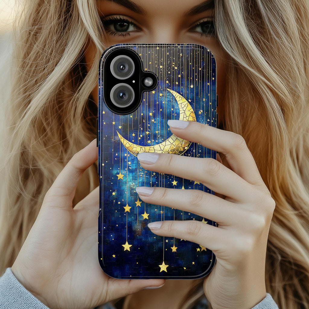 Satined Glass Golden Stars & Moon Phone Case, Night Galaxy Mosaic Design Phone Cover for iPhone 16 15 14 13 Magsafe, Samsung S25, 432.7