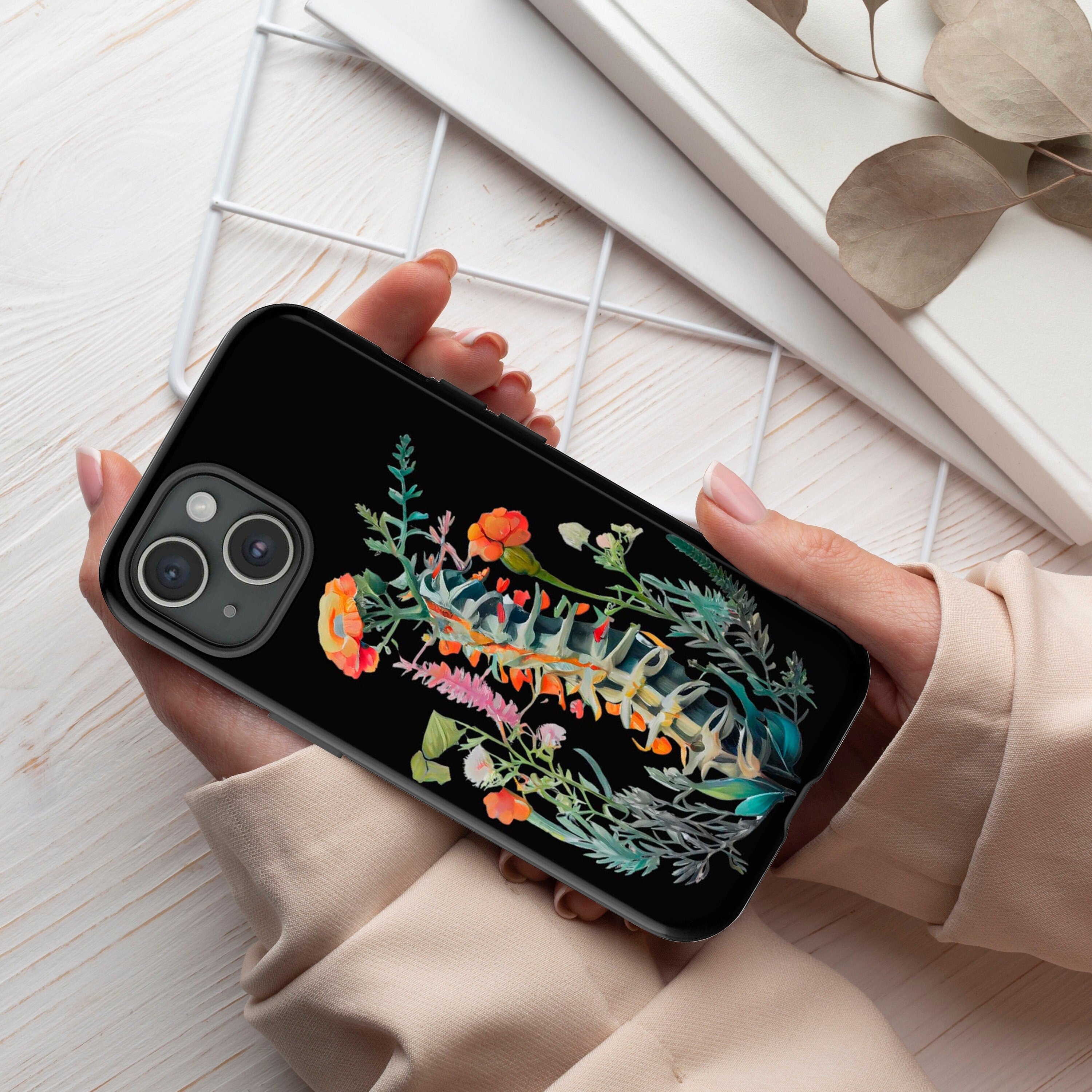 Floral Spine Anatomy Phone Case, Watercolor Phone, Human Spinal Column Cover for iPhone 16 15 14 13 12 Pro Max Plus / Galaxy S25, 314