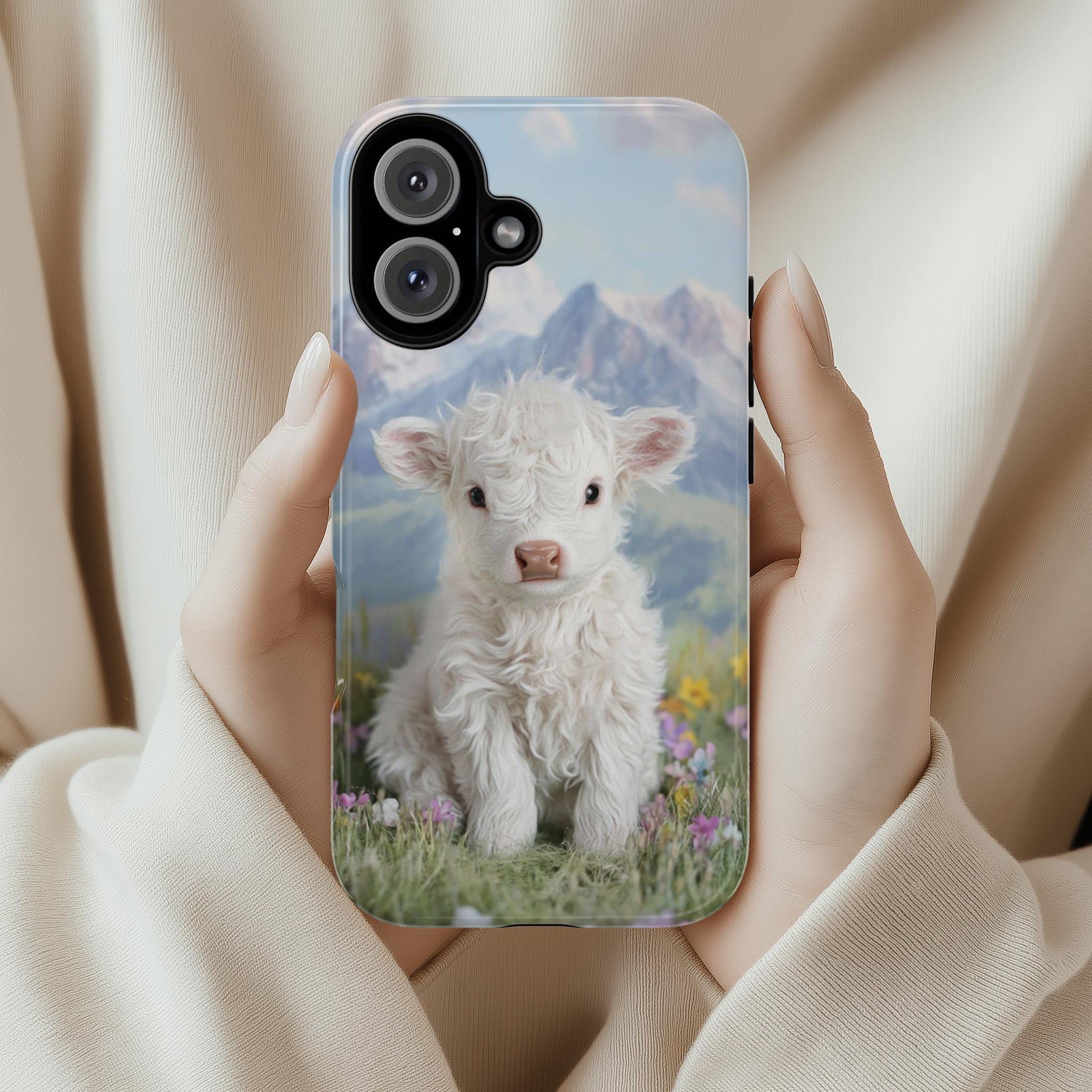 Cute Highland Calf Phone Case, Spring Meadow Floral Design with Mountain & Lake View Phone Cover for iPhone Tough or Magsafe, Samsung, 473.5