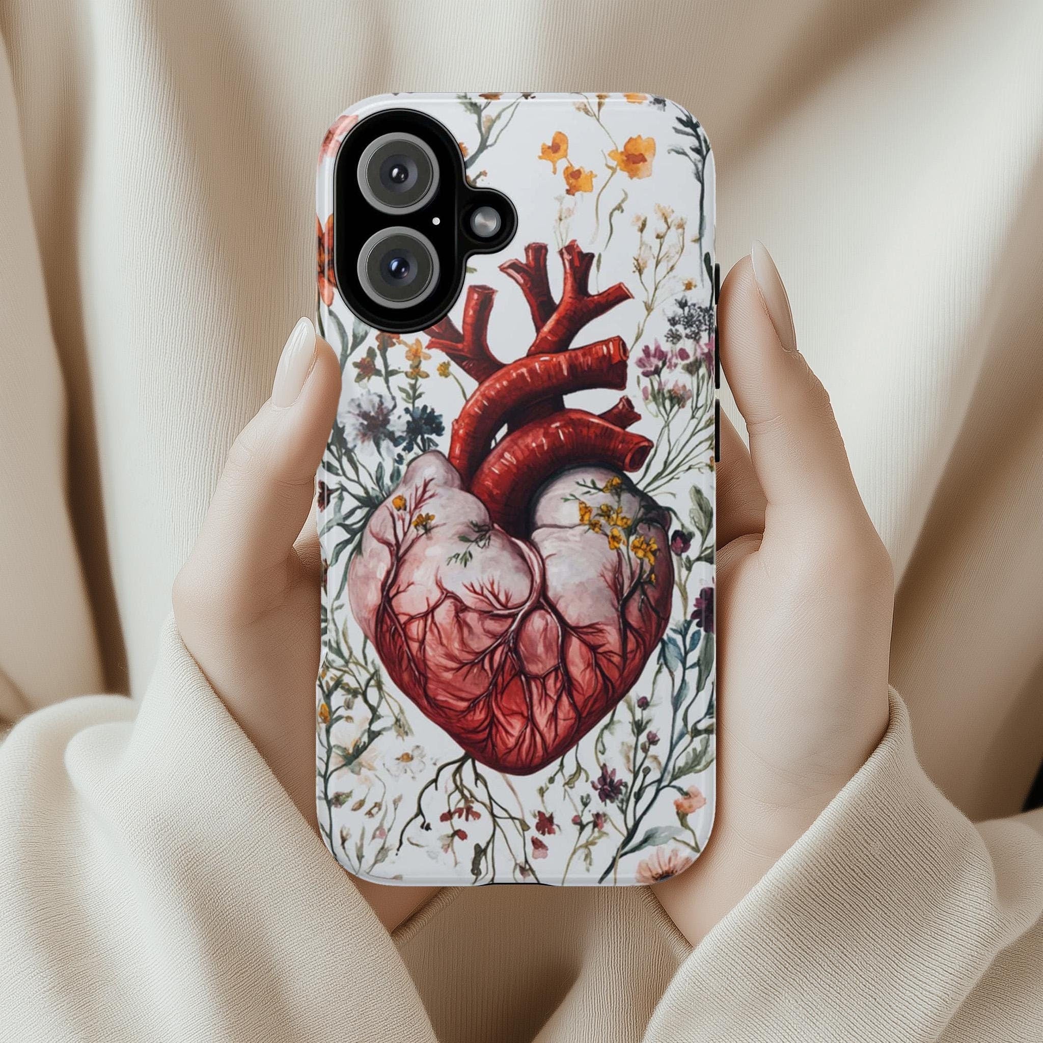 Floral Anatomy Heart Phone Case, Anatomical Art Design, Floral Human Heart Phone Cover for iPhone 16 15 Pro Max Plus, Samsung S24, 435.11