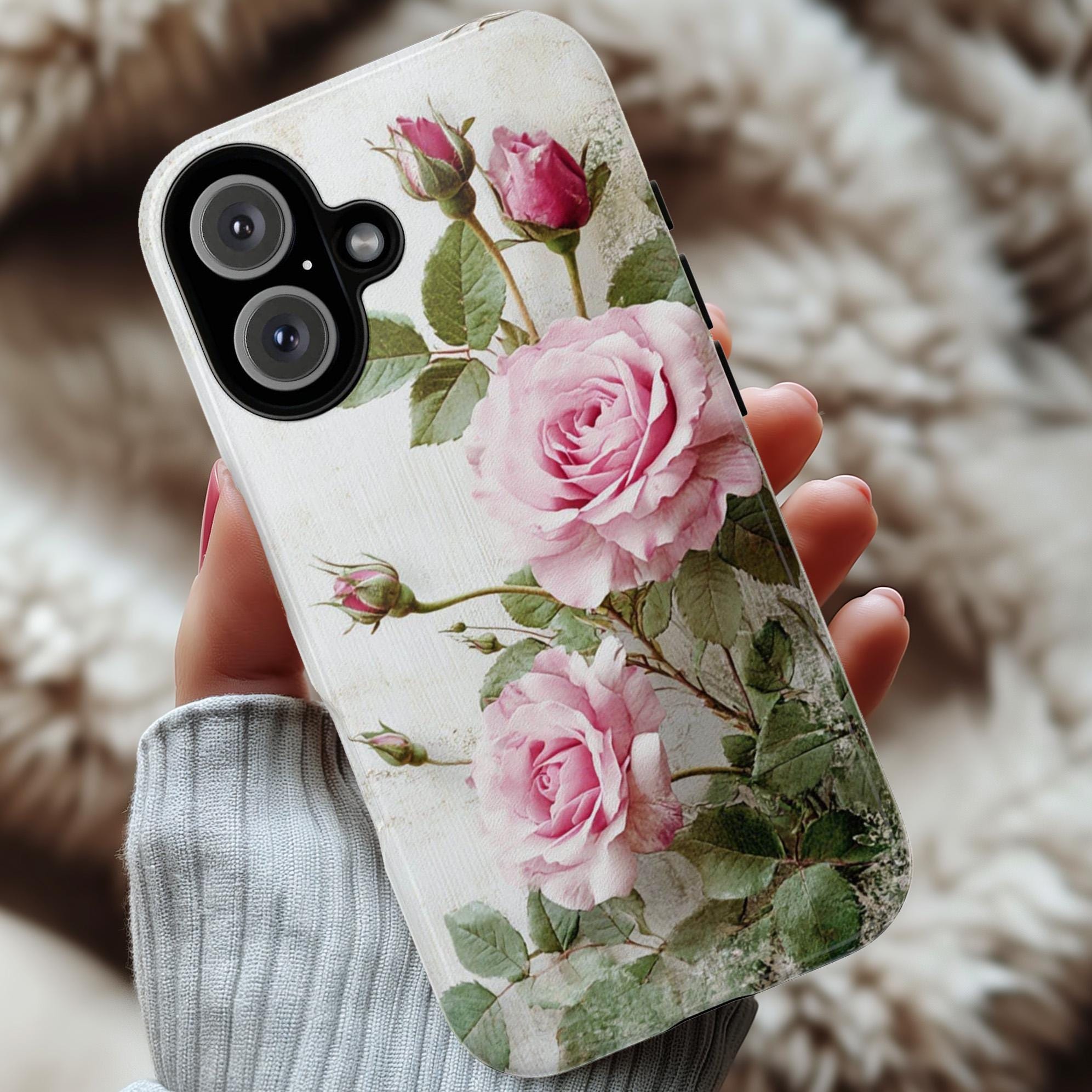 Vintage Style Phone Case with 3D effect Pink Roses, Romantic & Elegant Floral Soft Cover for iPhone Tough or Magsafe, Samsung, 476.7