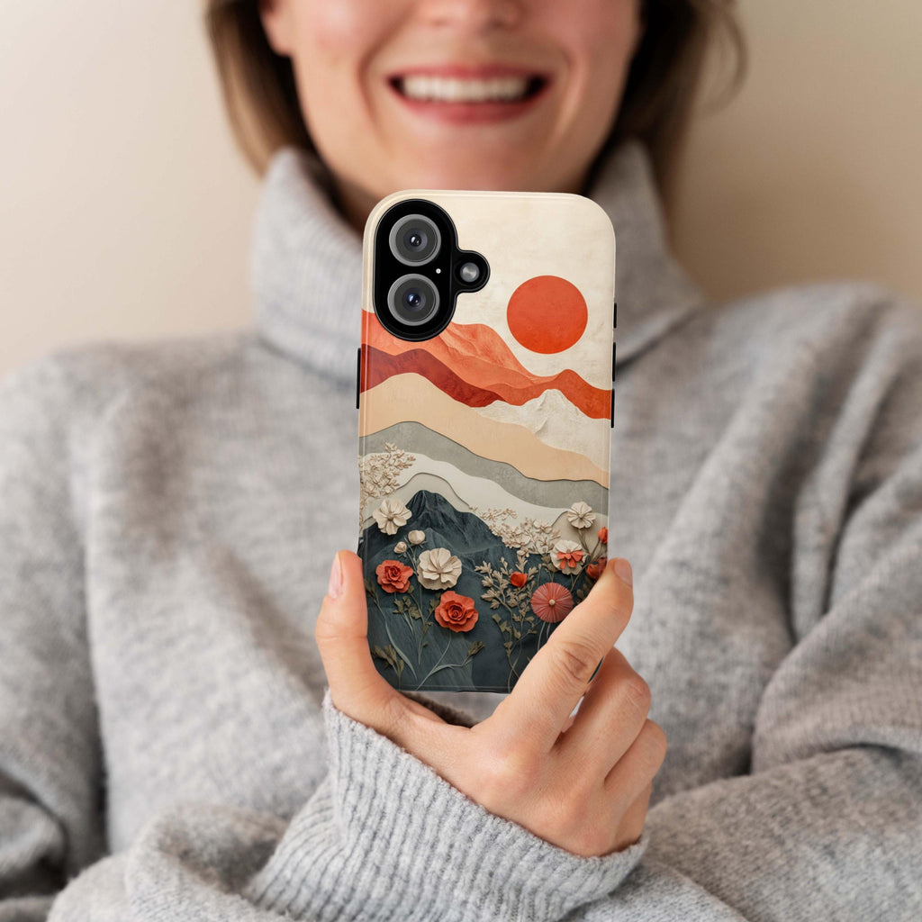 Paper Art effect Mountain Sunset & Floral Phone Case, Nature Landscape Lover Phone Cover for iPhone Tough or MagSafe, Samsung, 473.8