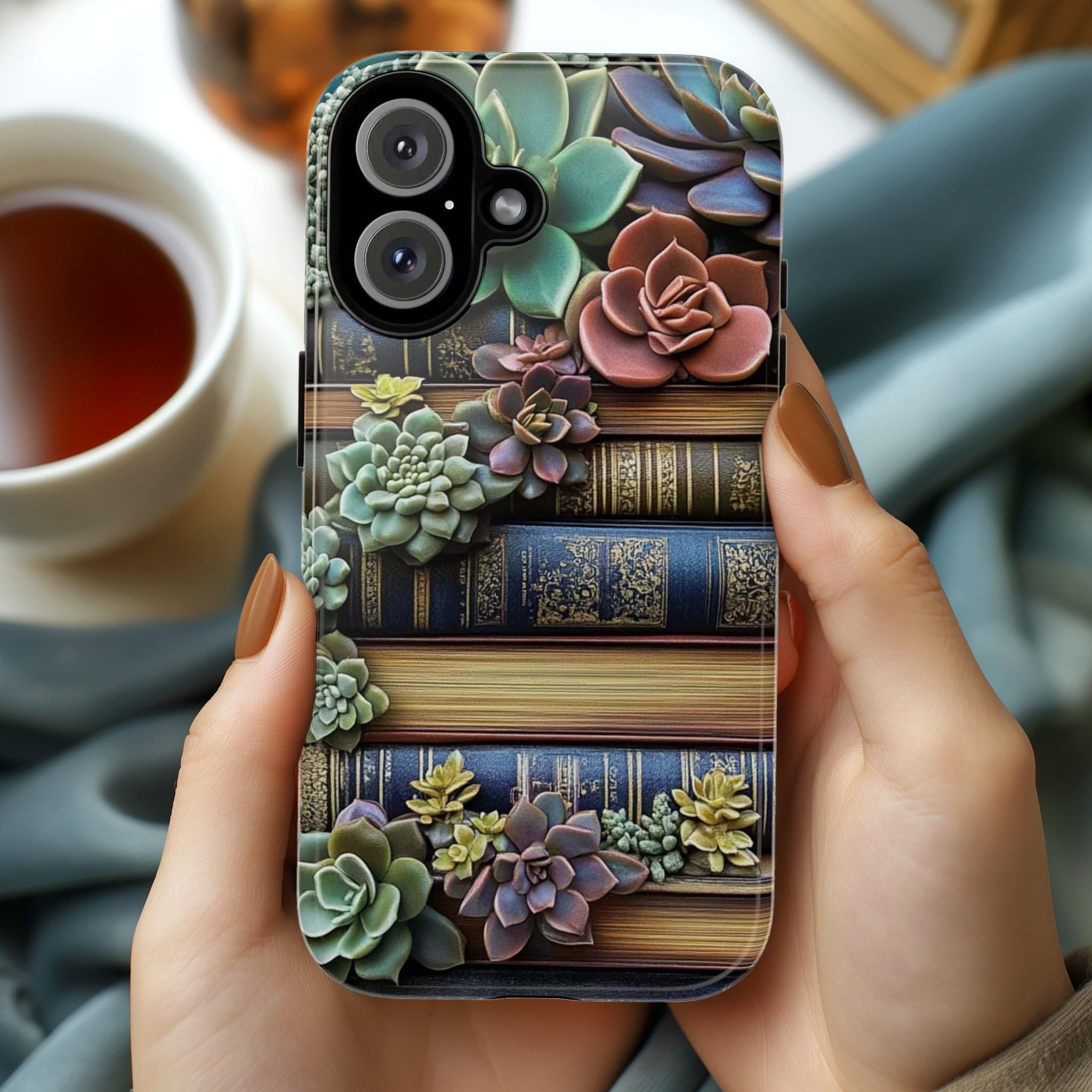 Sembervivum & Library Phone Case, Botanical Plant Design Phone Case, Vintage Book Lover Cover for iPhone Tough or Magsafe, Samsung, 423.26
