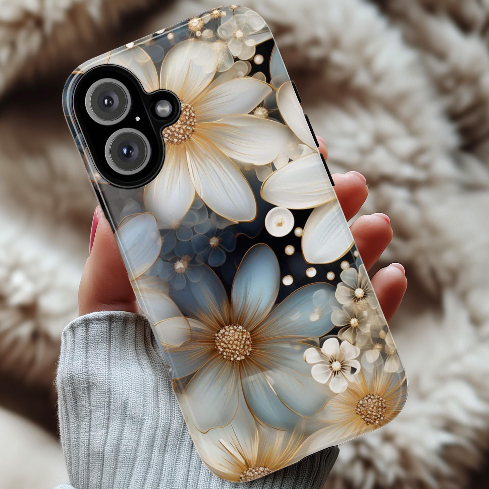 Daisy Flowers Stained Glass Phone Case, Gold & White Floral, Aesthetic Art Floral Cover for iPhone 16 Magsafe, Galaxy S25 Pixel 9, 333.1