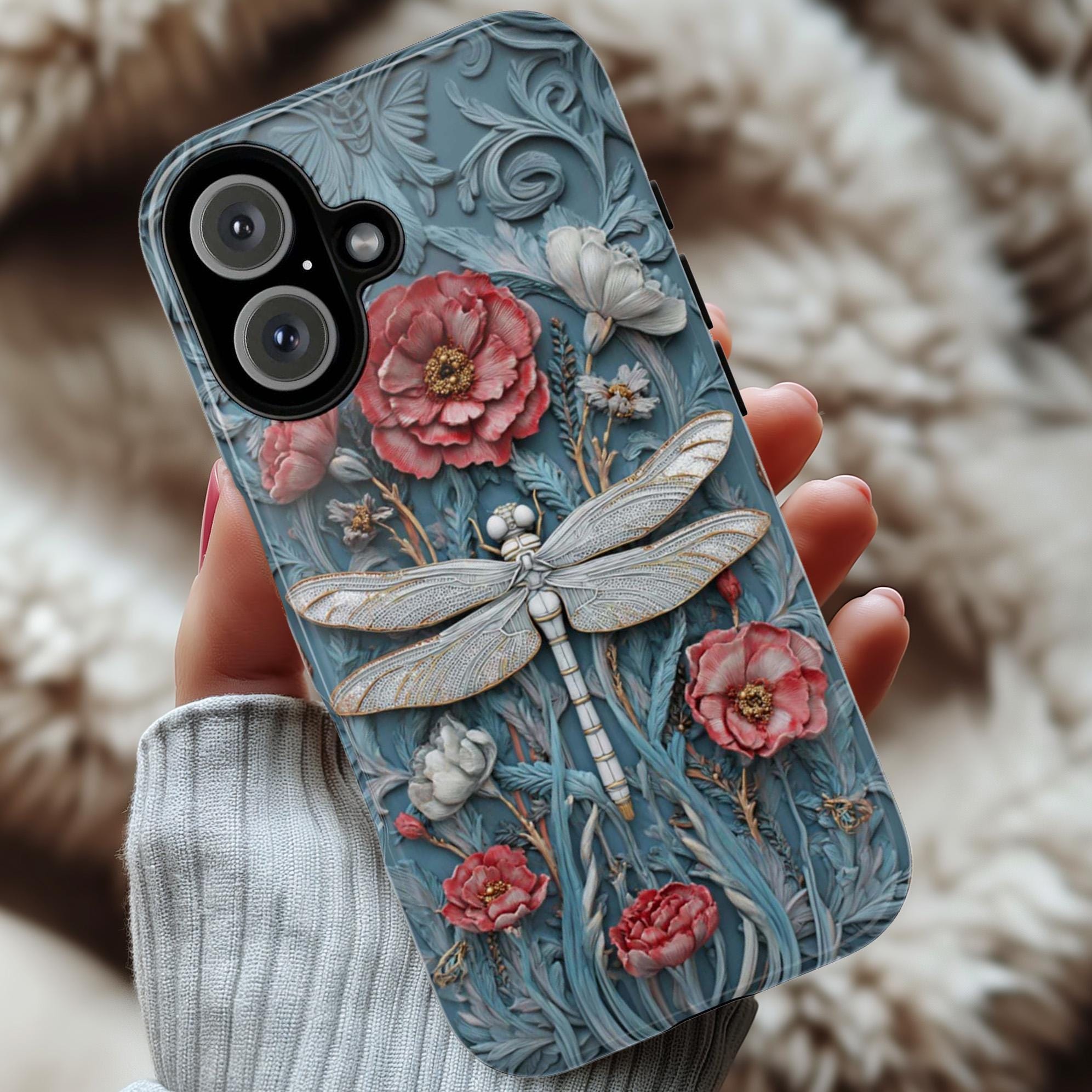Mystical 3D Dragonfly Phone Case with Floral Design, Whimsical Boho Aesthetic Phone Cover for iPhone Magsafe or Tough Case, Samsung 476.24