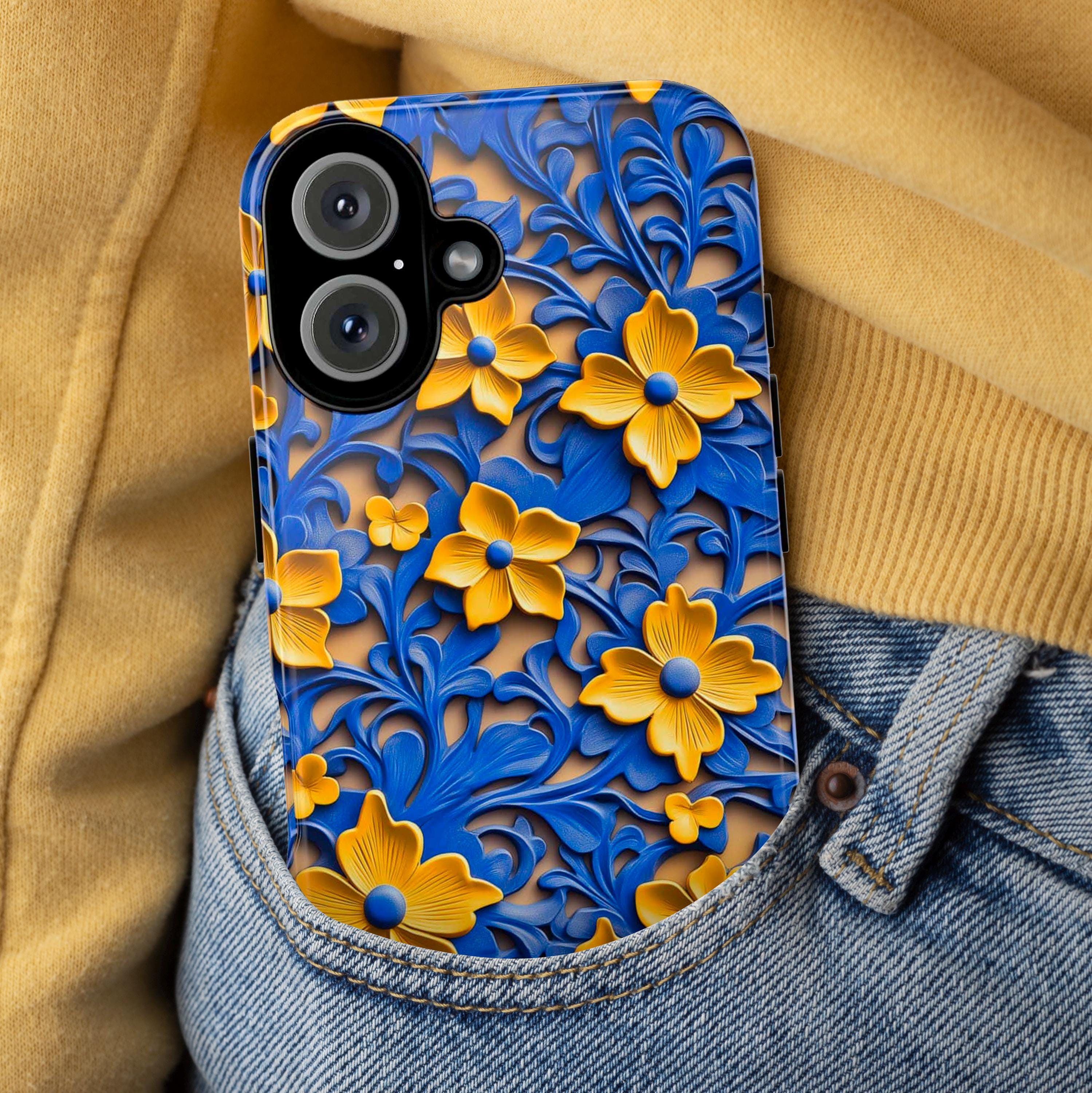 3D Moroccan Floral Blue Yellow Phone Case, Vibrant Colorful Marrakesh Design, Fine Art Phone Case for iPhone 16 15 14 13, Samsung S24, 456.3
