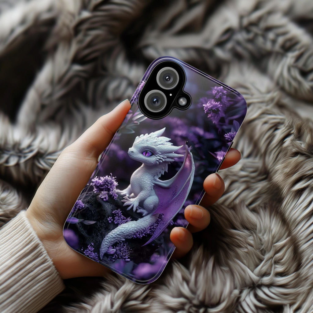 Cute 3D effect Baby Dragon Purple Floral Phone Case | White Baby Dragon Phone Cover for iPhone 16, 15, 14, 13 Tough or Magsafe, 421.9