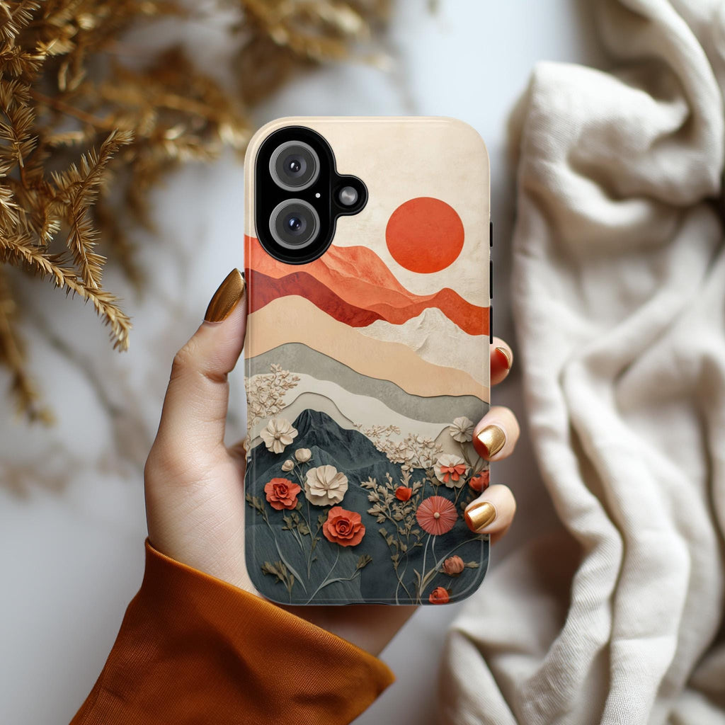 Paper Art effect Mountain Sunset & Floral Phone Case, Nature Landscape Lover Phone Cover for iPhone Tough or MagSafe, Samsung, 473.8