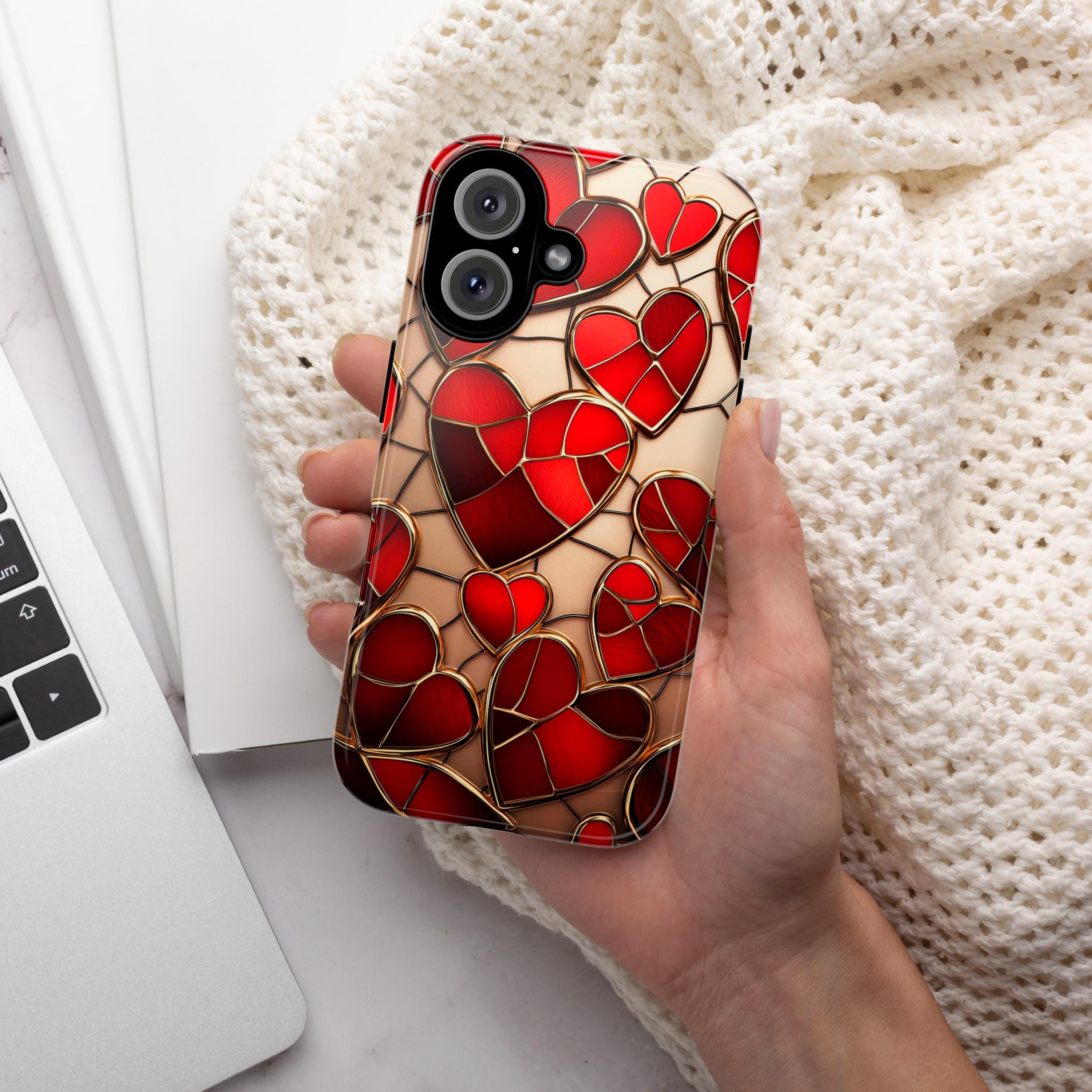 Stained Glass Red Hearts Phone Case - Romantic 3D Design, Perfect for Valentines Day Gift, Artistic Case for iPhone Magsafe, Samsung, 462.1