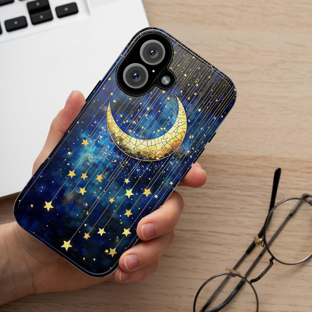 Satined Glass Golden Stars & Moon Phone Case, Night Galaxy Mosaic Design Phone Cover for iPhone 16 15 14 13 Magsafe, Samsung S25, 432.7