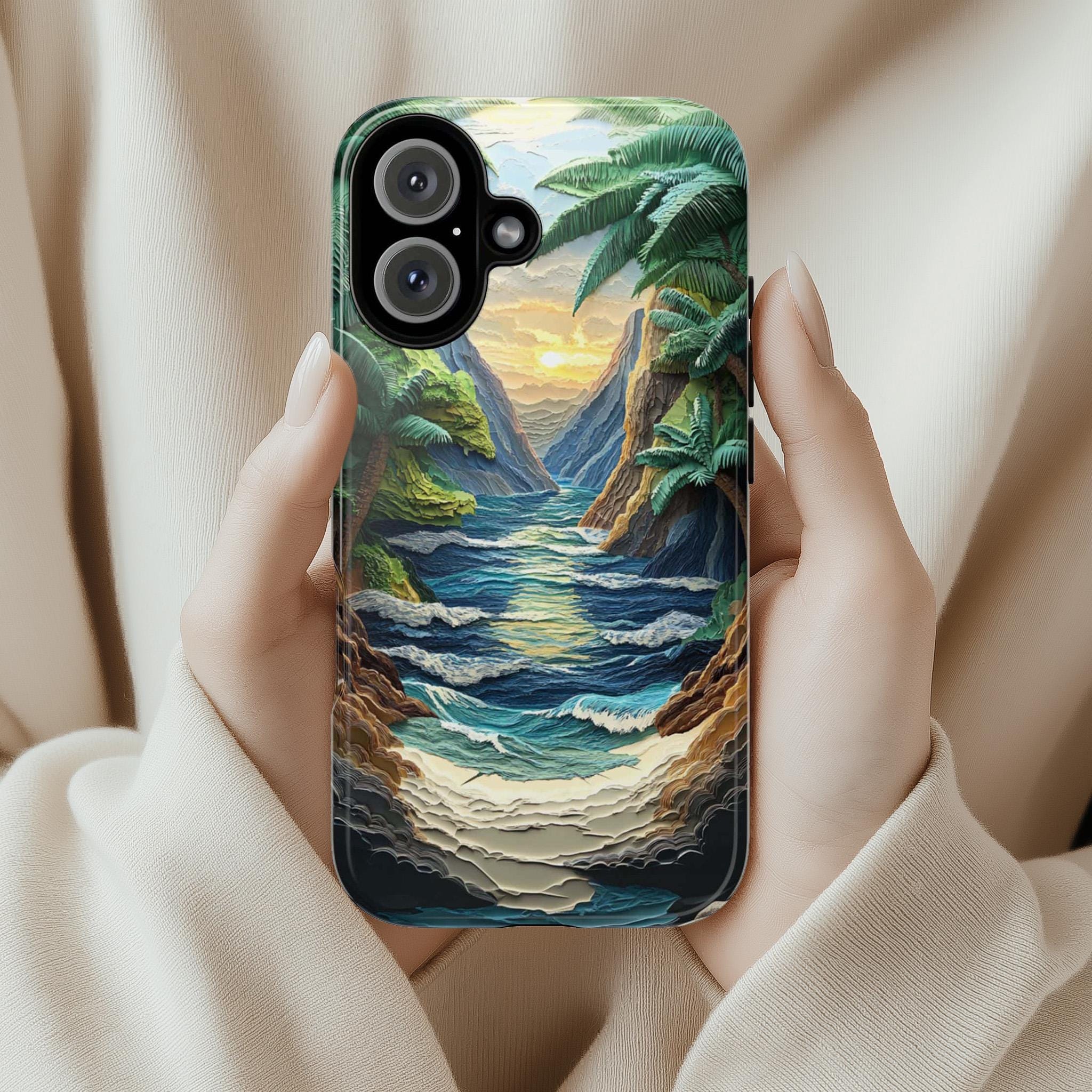 Mountain & Beach Wave Phone Case, 3D Paper Style Design, Layered Nature Landscape Cover for iPhone 16 15 Tough or Magsafe, Samsung, 470.5