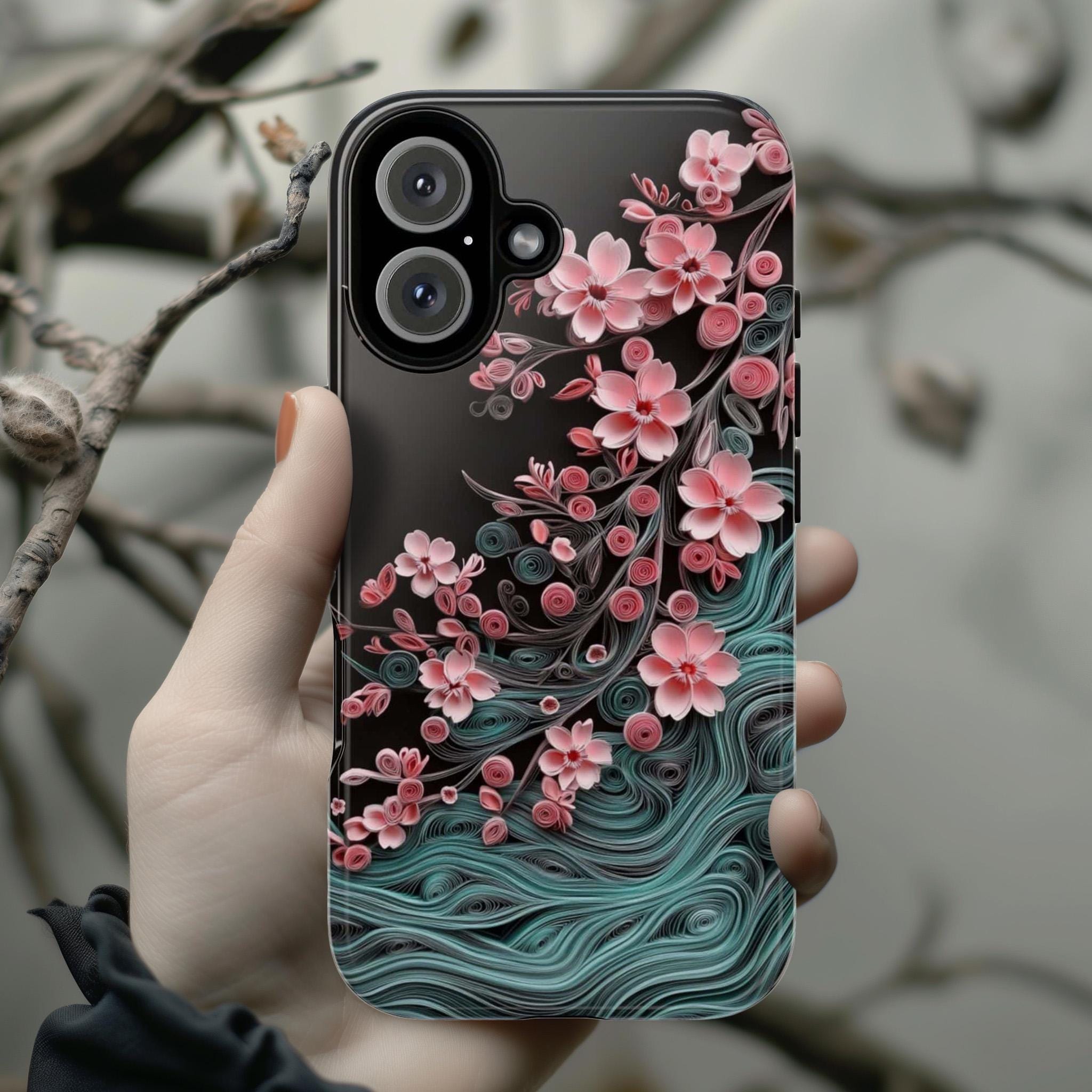 Pink Cherry Blossom Wave Phone Case, Floral Japanese Style Art, Sakura Flower for iPhone 16 15 14 Tough or Magsafe, Samsung S25, 469.9