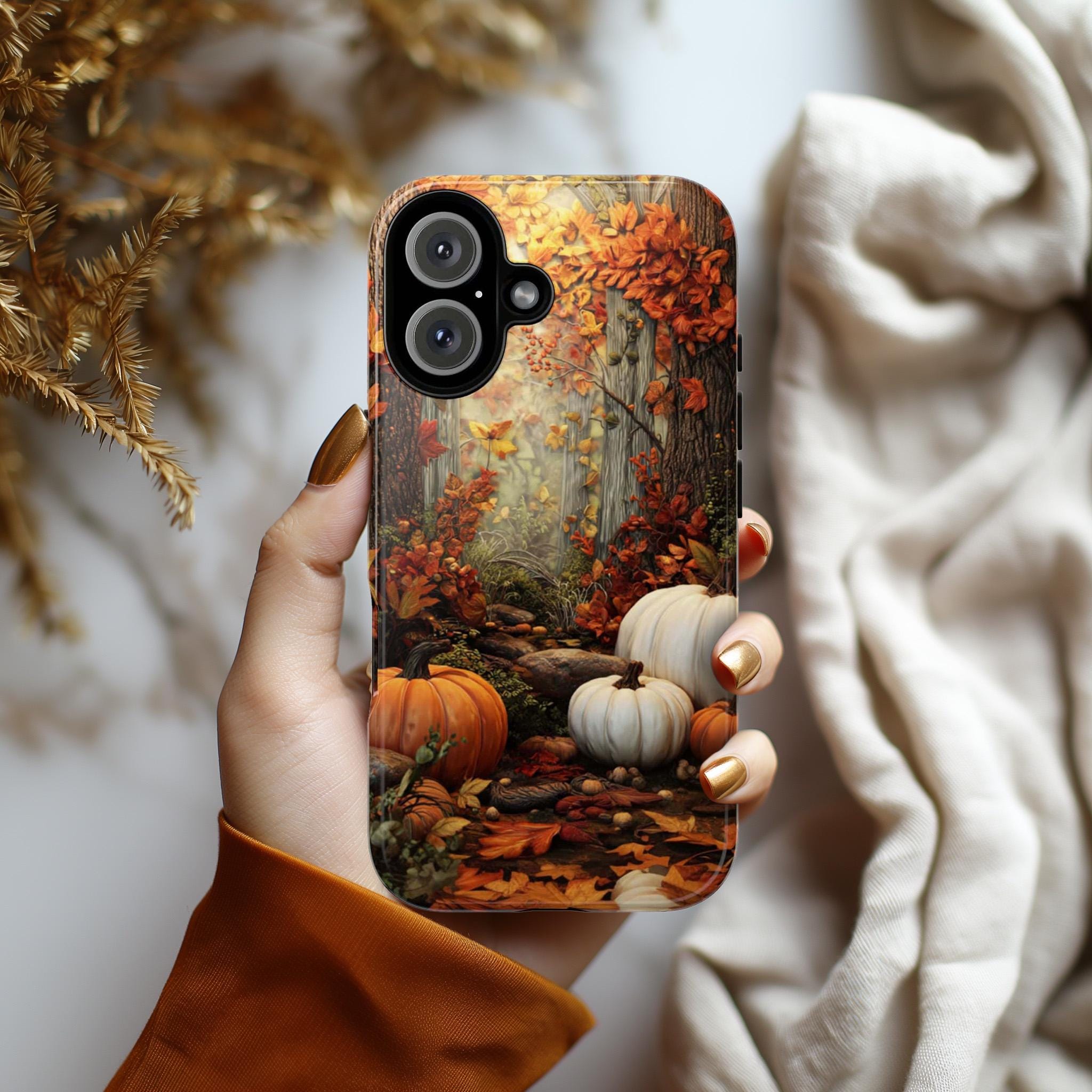 Autumn Forest Pumpkin Phone Case with Fall Leaves Design, Thanksgiving Phone Cover for iPhone 16 15 Tough or Magsafe, Samsung, 475.23