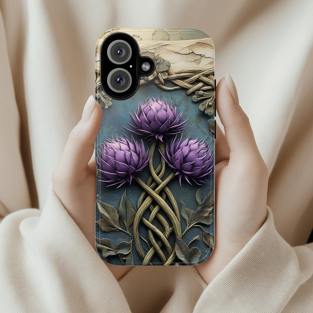 Celtic Thistle Phone Case, Rustic 3D Style Purple Flower Design, Nature Celtic Cover for iPhone 16 15 Tough or Magsafe, Samsung S25, 439.48