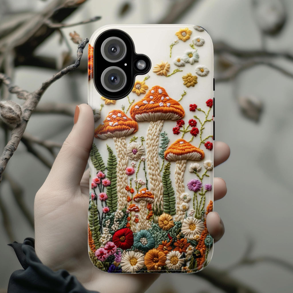 3D Embroidered Style Mushroom & Floral Phone Case, Forest Lover Gift, Woodland Case for iPhone 16 15 14 13 Magsafe, Samsung S25, 452.10