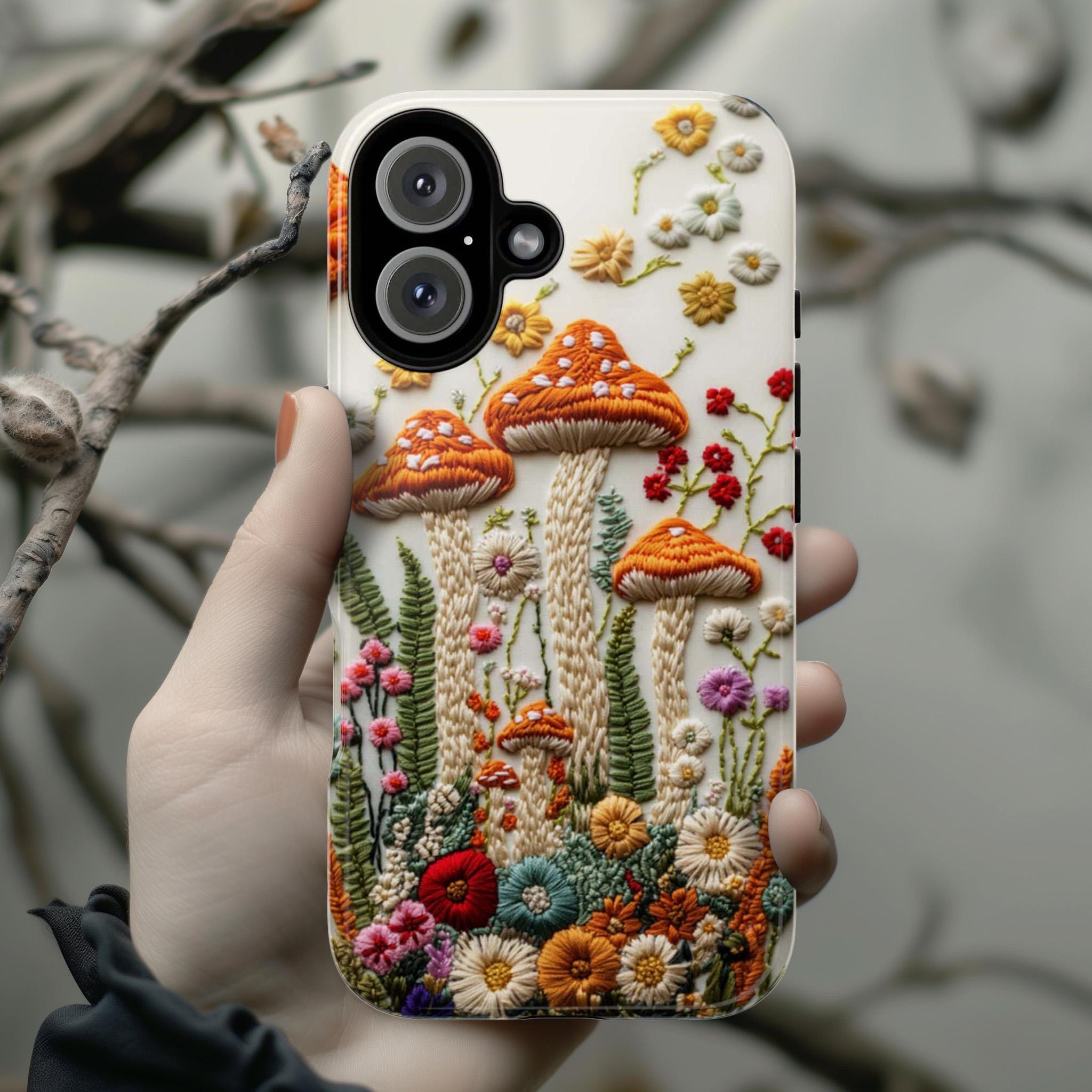 3D Embroidered Style Mushroom & Floral Phone Case, Forest Lover Gift, Woodland Case for iPhone 16 15 14 13 Magsafe, Samsung S25, 452.10