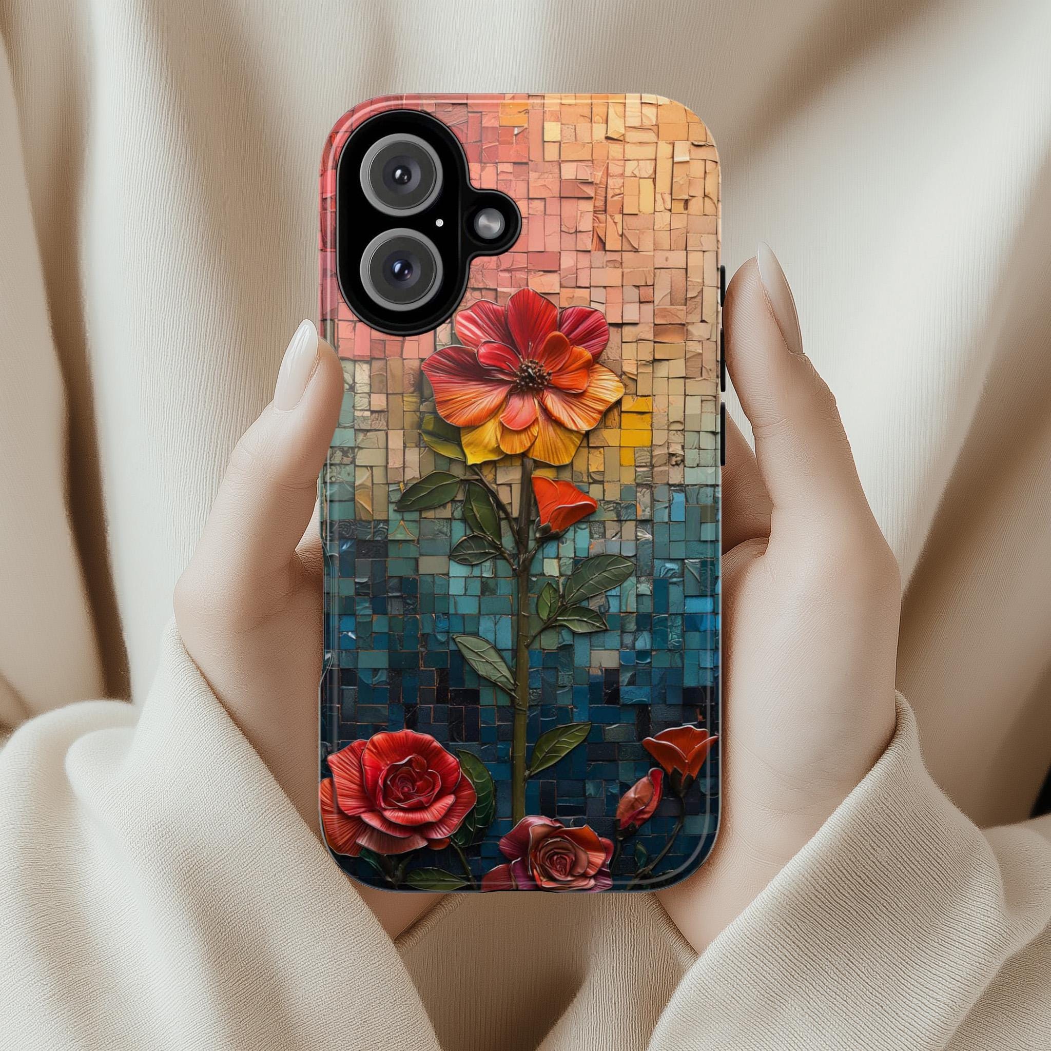 Mosaic Rainbow Floral Phone Case - Colorful Flower Artwork fit for iPhone 16 Pro Max 15 14 13 12 11 Plus, Samsung S24 Ultra S25, 418.1