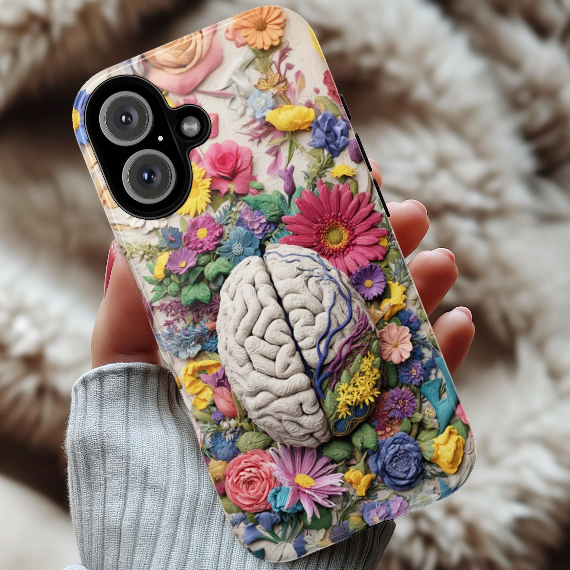 Pastel Anatomical Brain Phone Case, Botanical Meadow Florals | Medical Science Art Case for iPhone 17 16 Tough or Magsafe, Samsung, 430.5