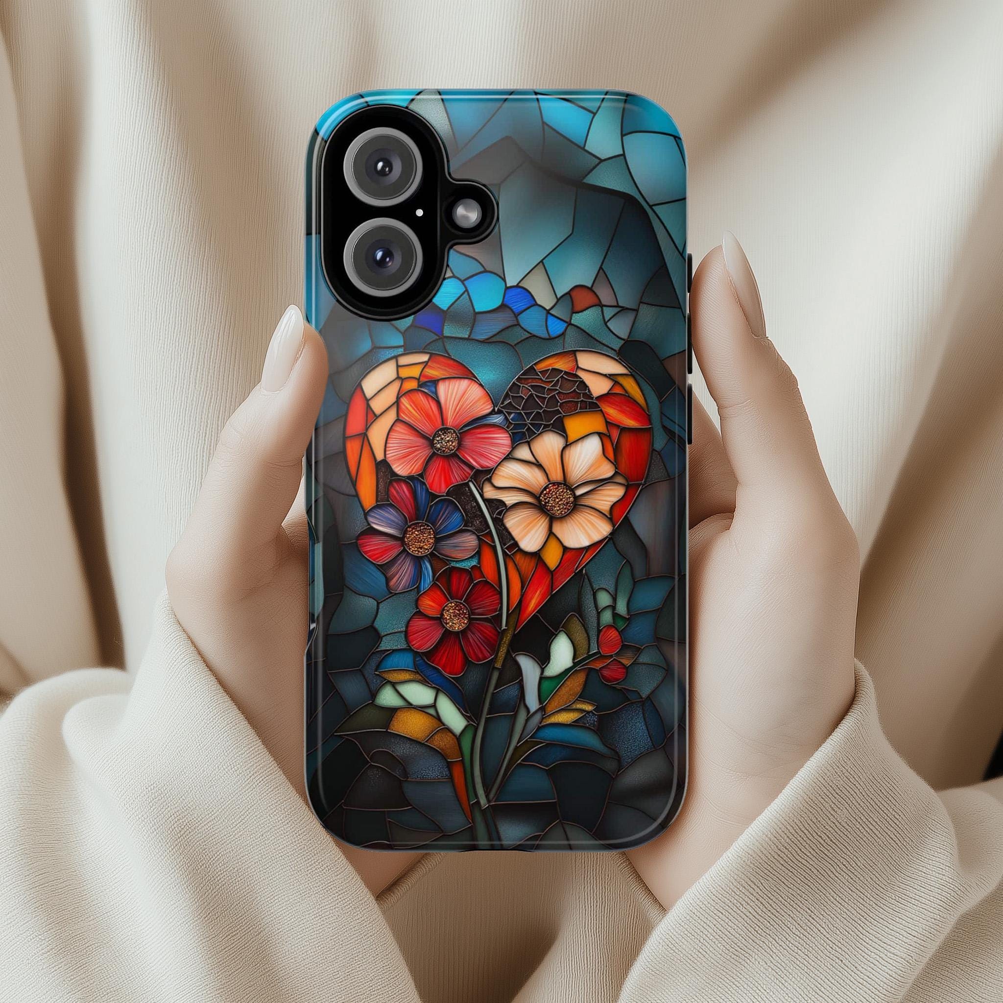 Stained Glass Floral Heart Phone Case, Valentines Day Phone Cover for iPhone 16 15 14 13 Pro Magsafe Samsung Galaxy S24, 418.10