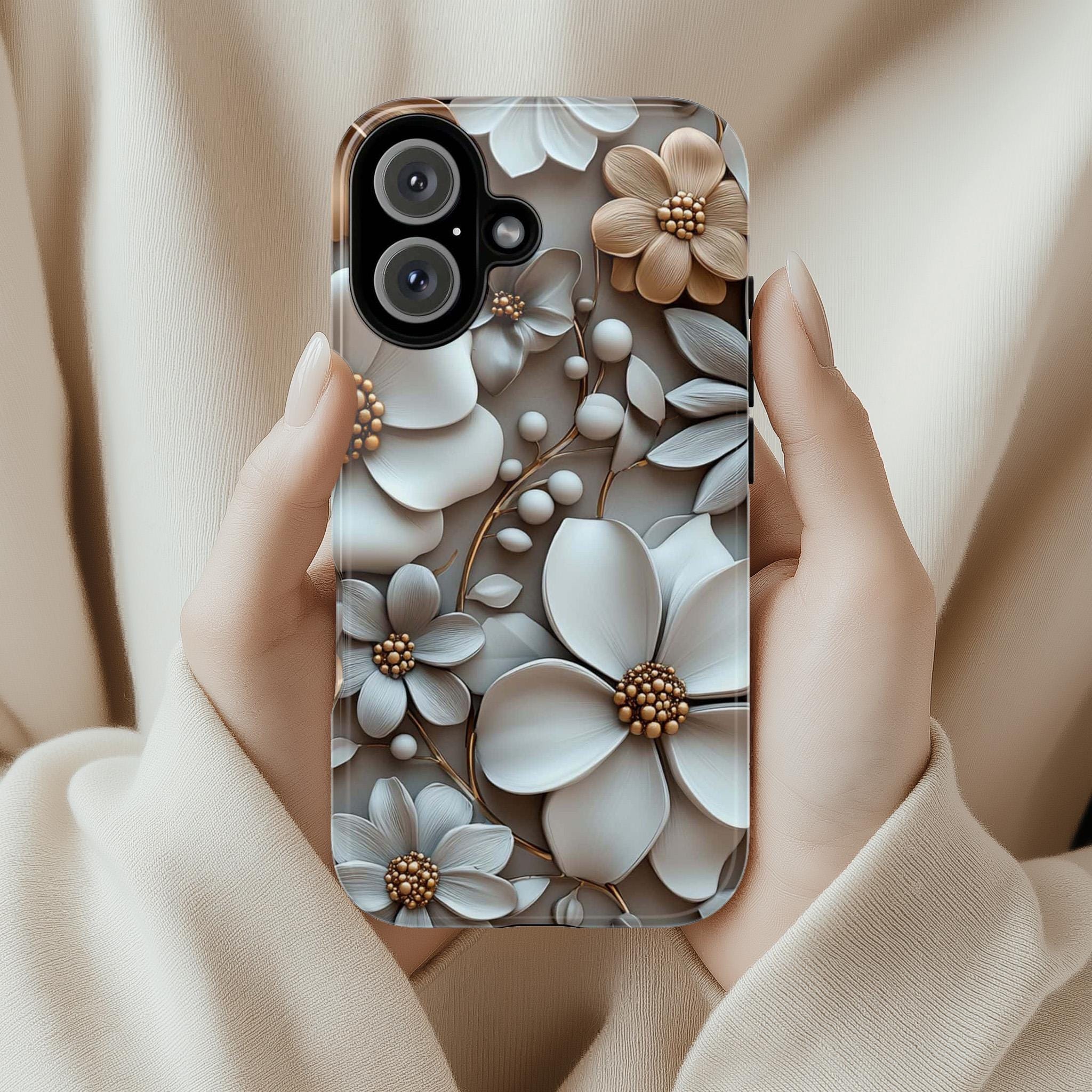 Pastel 3D Floral Art Phone Case, Beige Bloom 3D Design, Floral Garden Case for iPhone 16 15 14 13 Pro Max Plus Magsafe, Samsung S24, 439.4