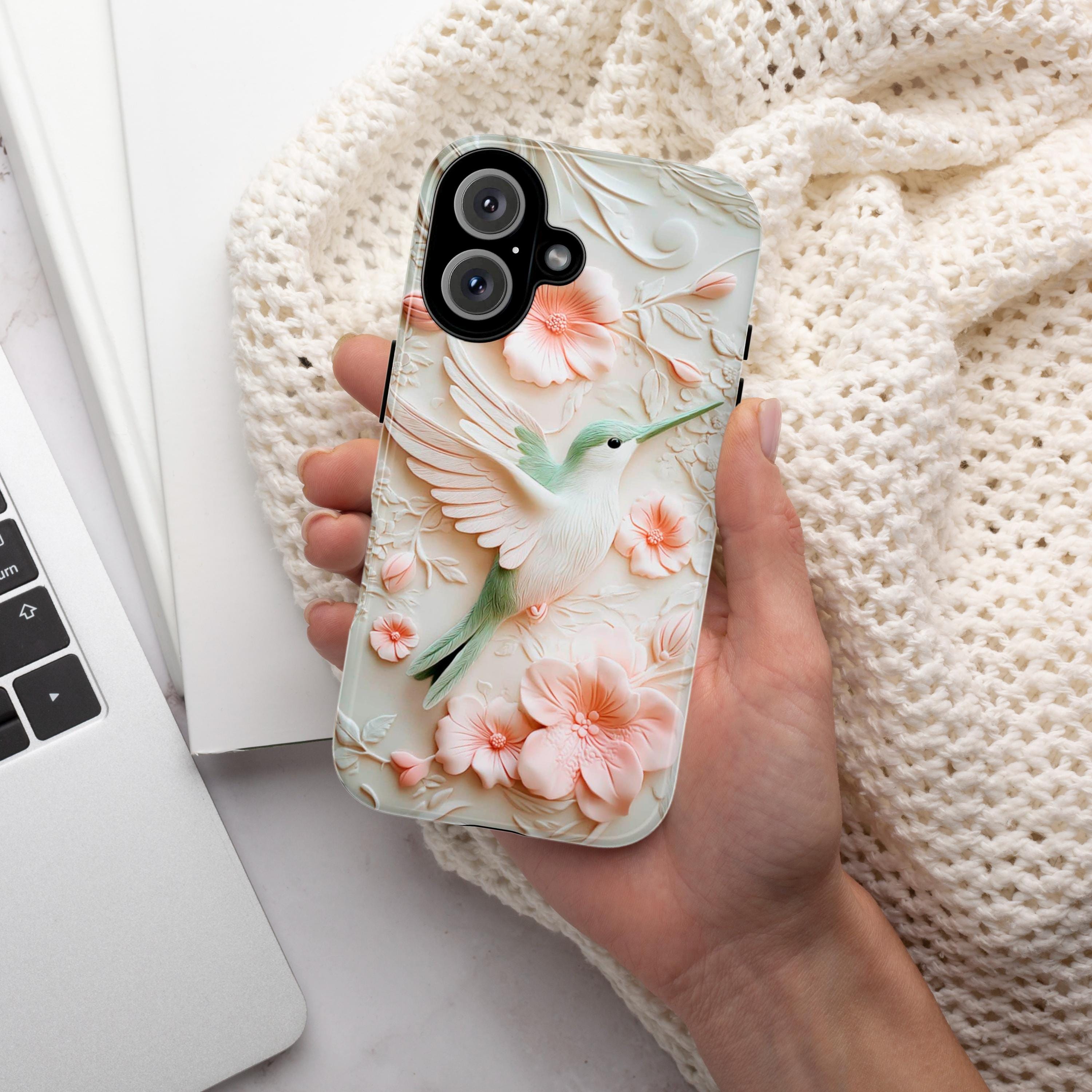 Cozy Hummingbird & Floral Blossom Phone Case, Spring 3D Flower Design for iPhone 16, 15, 14, 13 Tough or Magsafe, Samsung S24, 419.6