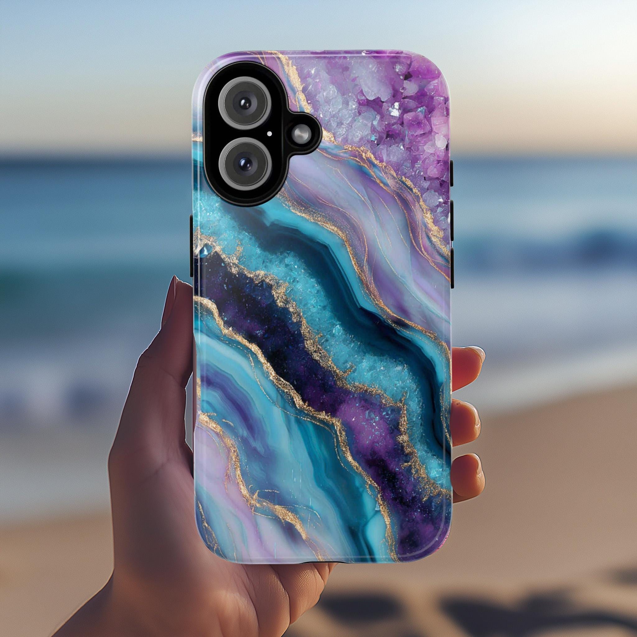 Crystal Wave Phone Case, Artistic Blue, Emerald & Pink Abstract Design Cover for iPhone 16 15 14 13 Tough or Magsafe, Samsung, 479.1