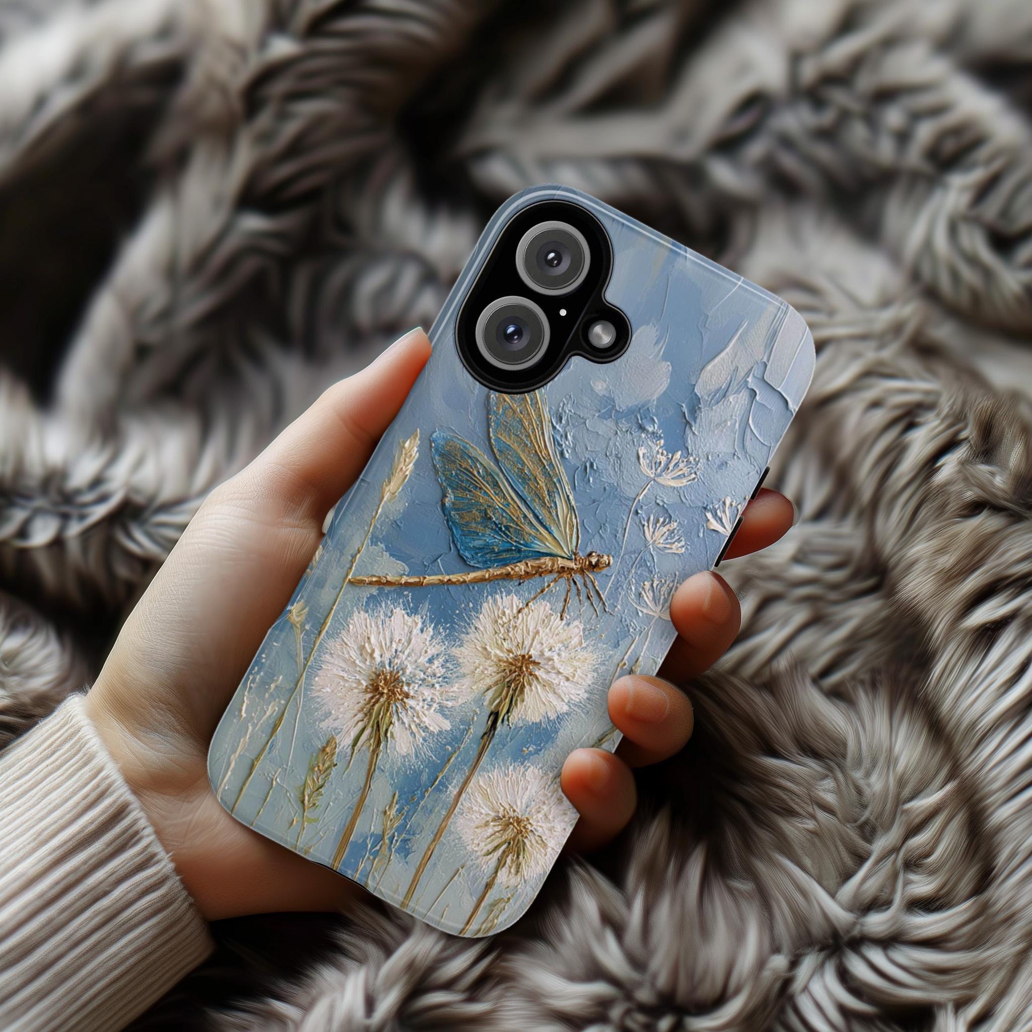 Dragonfly and Dandelion Phone Case with Oil Painting Effect, Nature Artistic Botanical Cover for iPhone Tough or Magsafe, Samsung, 476.25