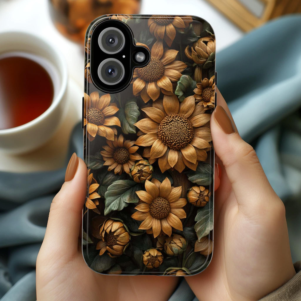 3D Sunflowers Wood Carved Flowers Phone Case, Floral Artistic Protective Cover for iPhone 16, 15, 14, 13 Magsafe & Samsung, Pixel, 439.38
