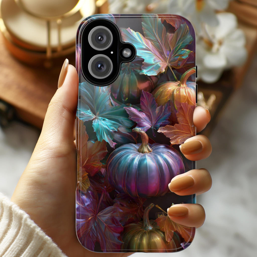 Shiny Halloween Pumpkin Phone Case with Autumn Leaves, Metallic Effect Seasonal Cover for iPhone 16 15 14 Tough or Magsafe, Samsung, 475.22