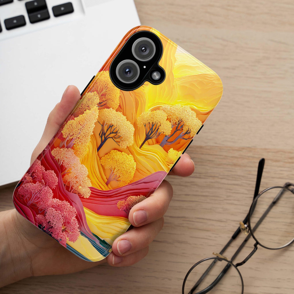 3D Paper Art Phone Case, Autumn Forest & Mountain Cover, Yellow Orange Fall for iPhone 16 15 14 13 Tough or Magsafe, Samsung, 470.15