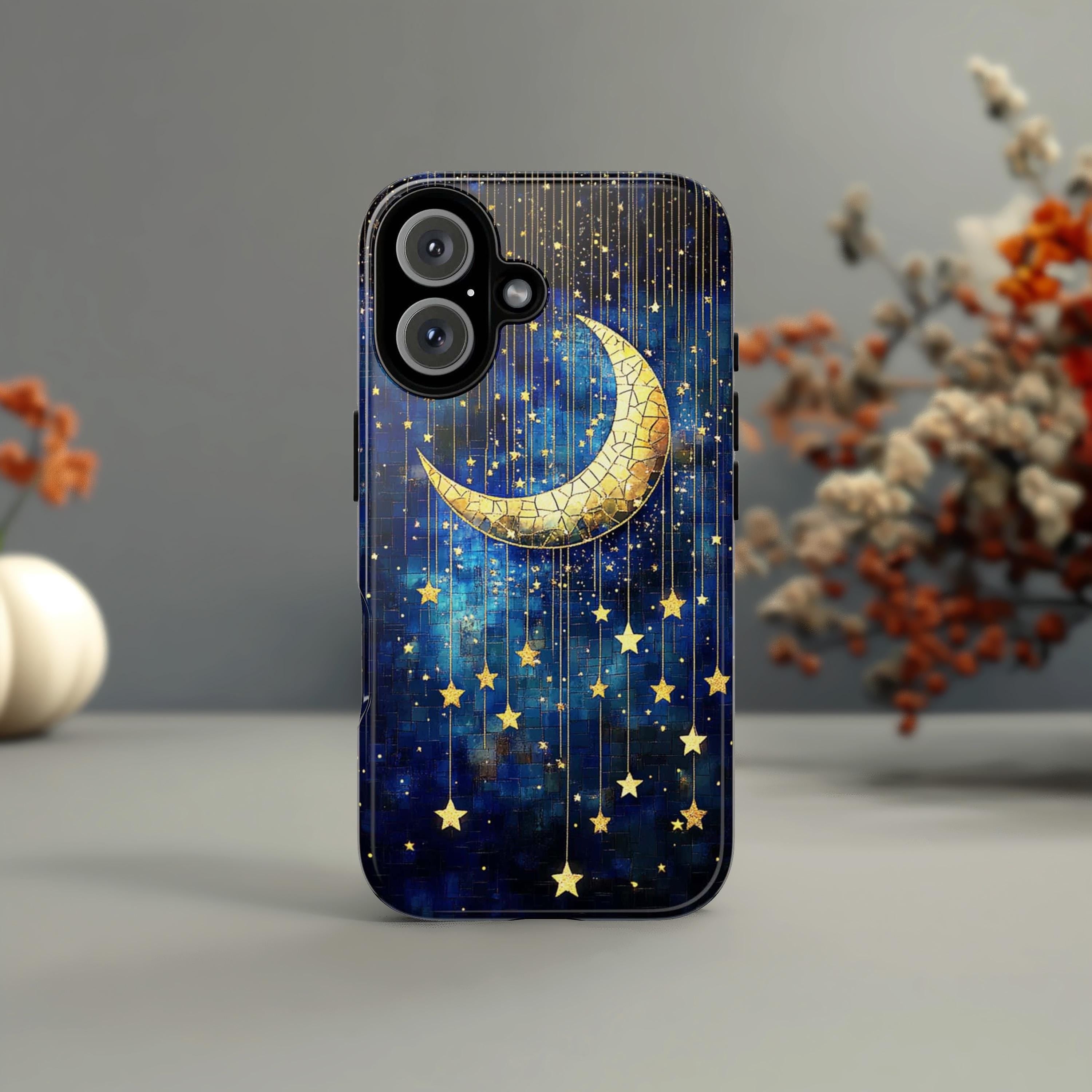 Satined Glass Golden Stars & Moon Phone Case, Night Galaxy Mosaic Design Phone Cover for iPhone 16 15 14 13 Magsafe, Samsung S25, 432.7
