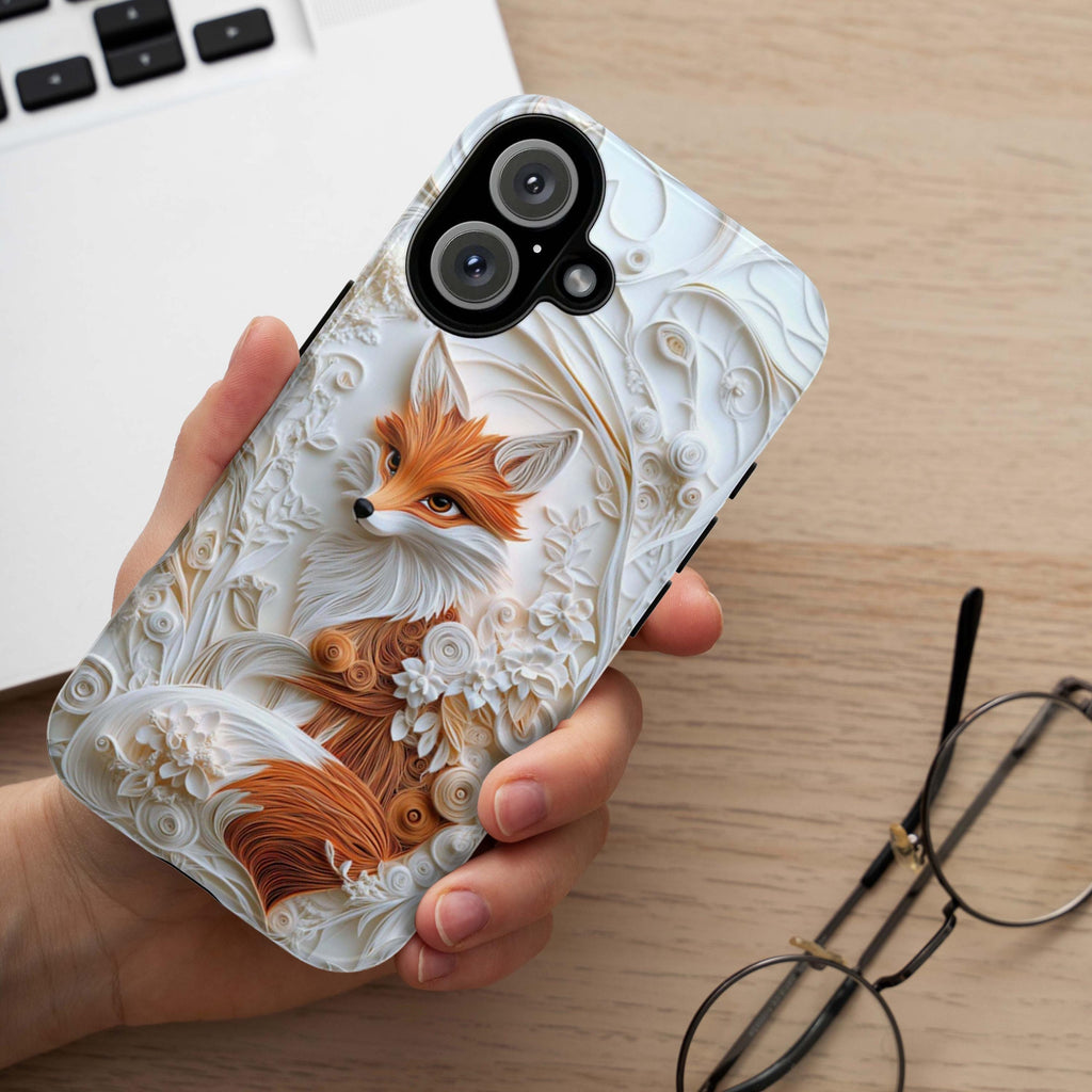 Fox and Floral Paper Art Phone Case, 3D Textured Fox Lover Gift Phone Cove, Artistic Paper Style Cover for iPhone Tough or MagSafe, 470.13