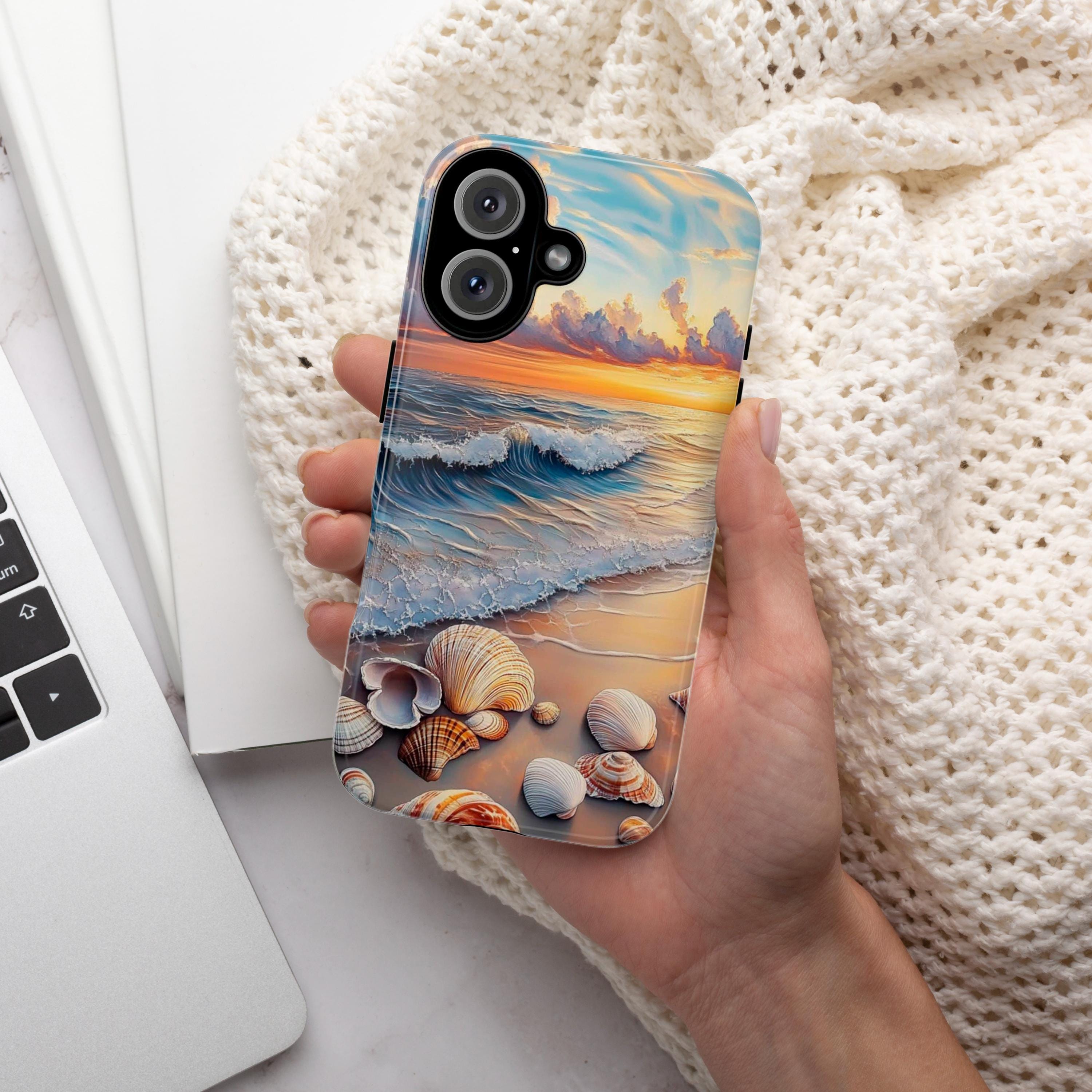 Ocean Sunset Seashell Wave Phone Cover, Coastal Beach Aesthetic Phone Case for iPhone 16, 15, 14, 13 Tough Magsafe, Samsung S25, 455.15