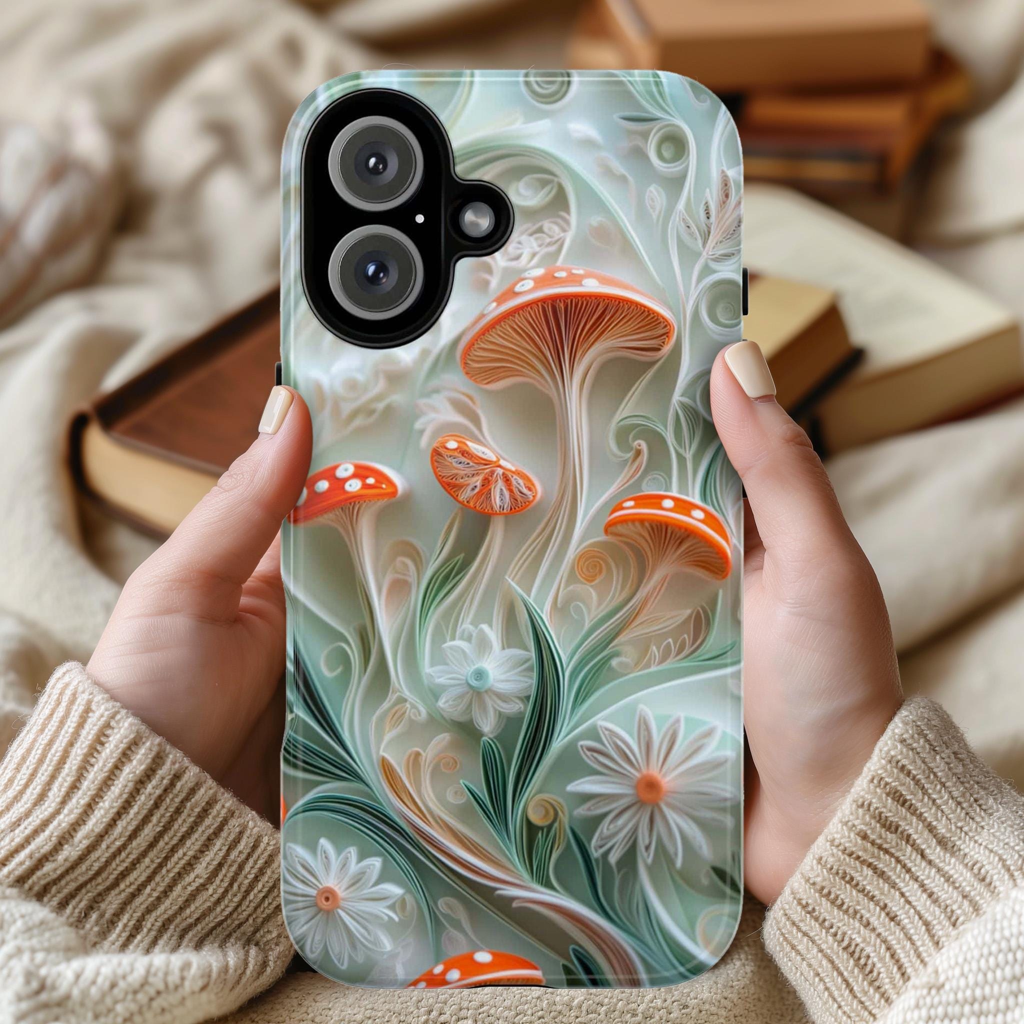 Magical Forest Mushroom Phone Case with Paper Art Design, Woodland & Nature Lovers for iPhone 16 15 14 13 Tough or Magsafe, Samsung, 470.14