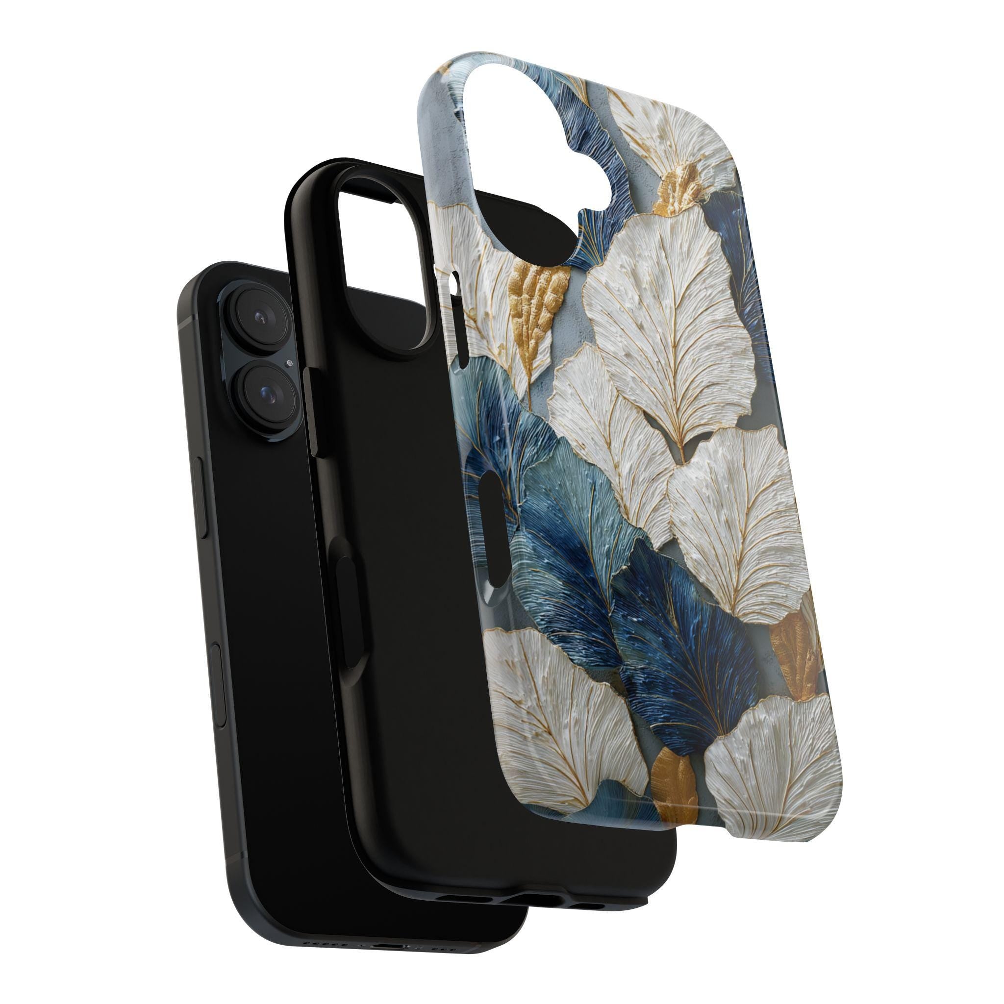 Rustic Leaves Phone Case with 3D Painted Effect, White & Blue Nature Artistic Botanical Cover for iPhone Tough or Magsafe, Samsung, 476.21