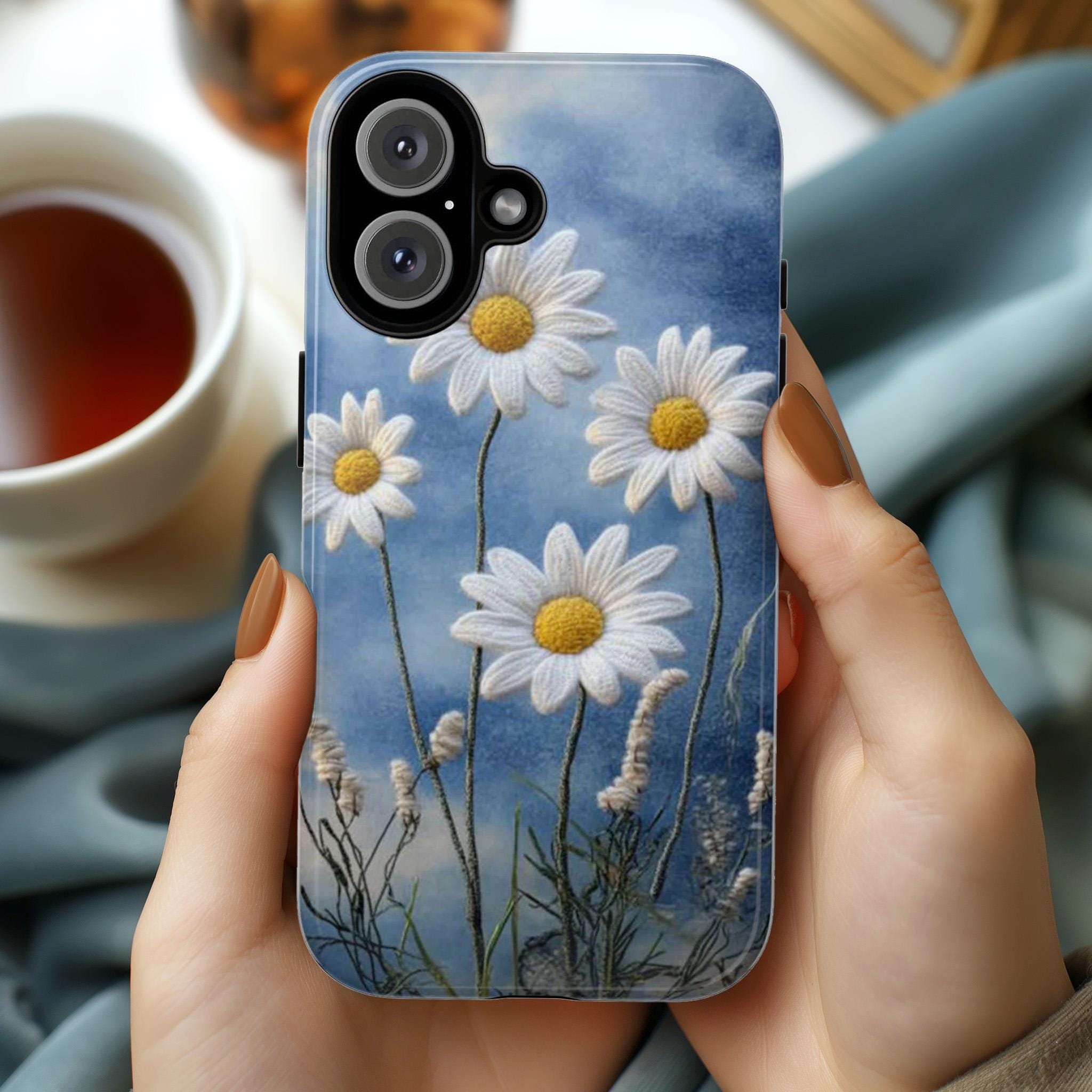 Daisy Botanical Floral Phone Case, 3D Felt Textured White Floral Phone Case for iPhone 16 15 14 13 Tough or Magsafe, Samsung, 476.1
