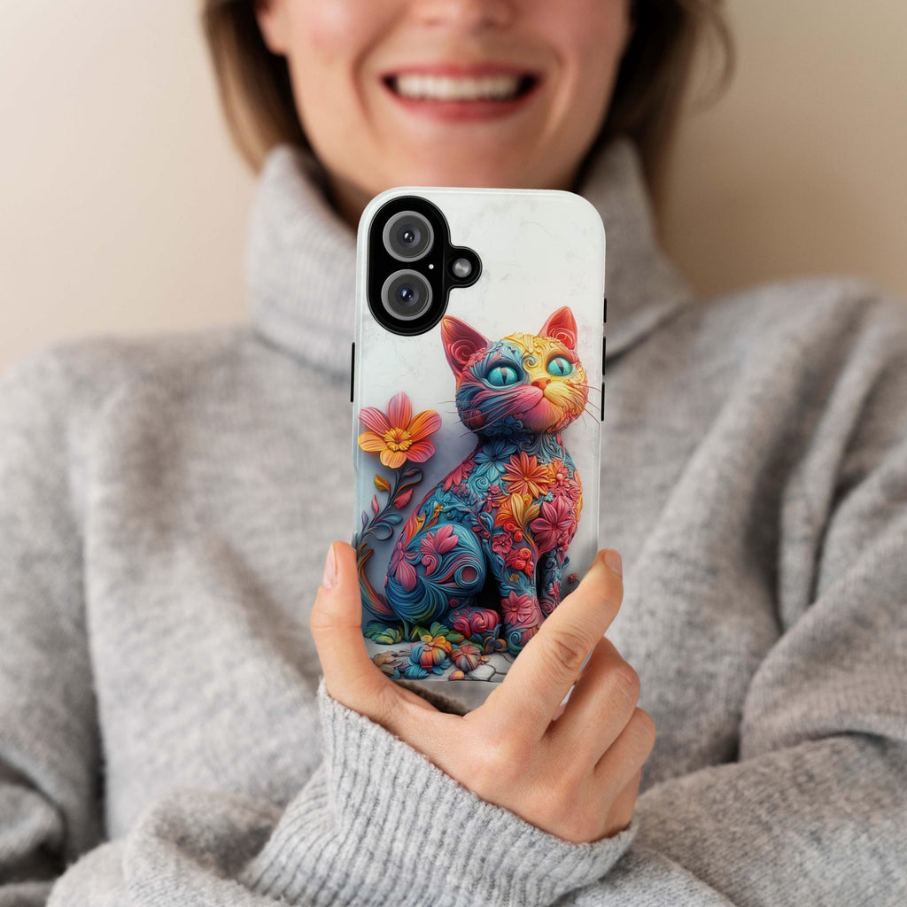 Colorful Floral Cat 3D MagSafe Phone Case, Abstract Fantasy Cat & Flowers iPhone 16 15 14 13 12 Pro Max Plus / Samsung S24, 439.11