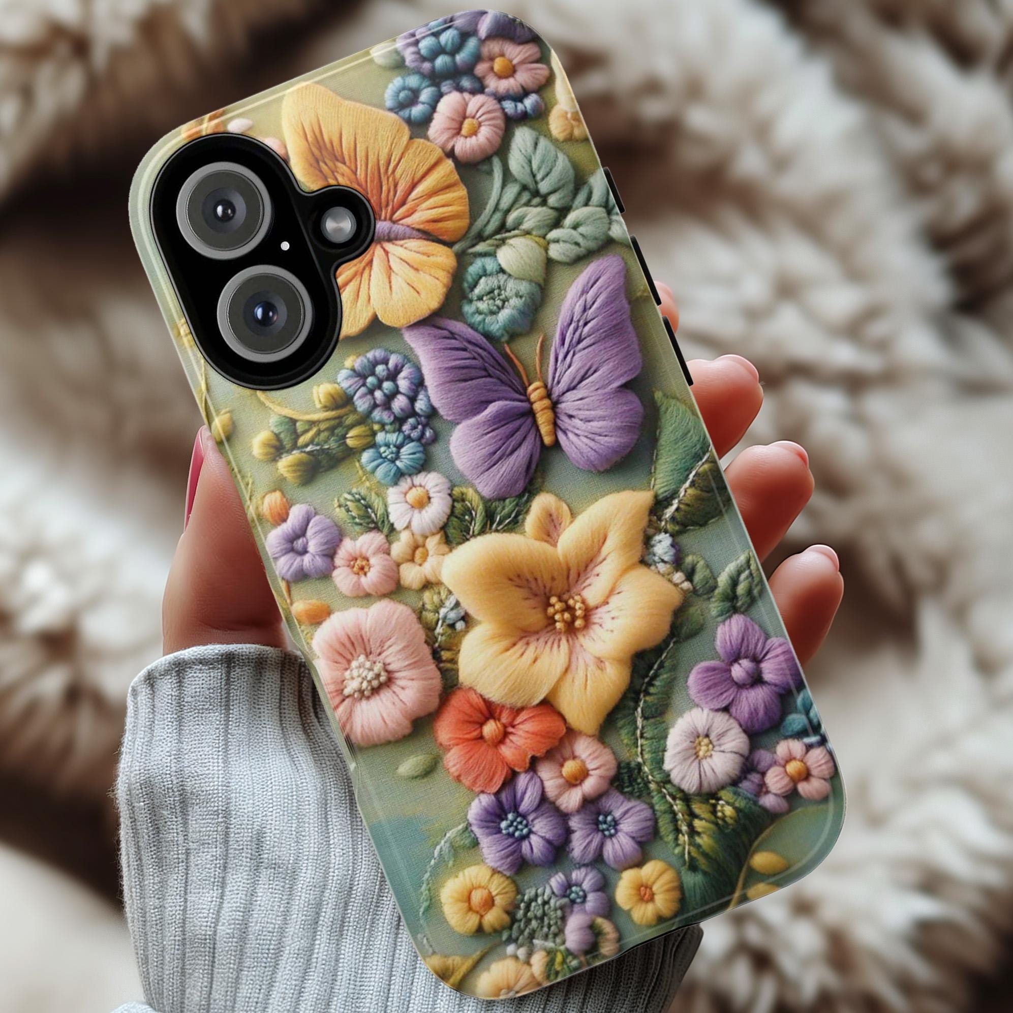 3D Embroidered effect Floral Phone Case, Botanical Flower & Butterfly Art Case for Nature Lovers iPhone Tough or Magsafe, Samsung, 452.12
