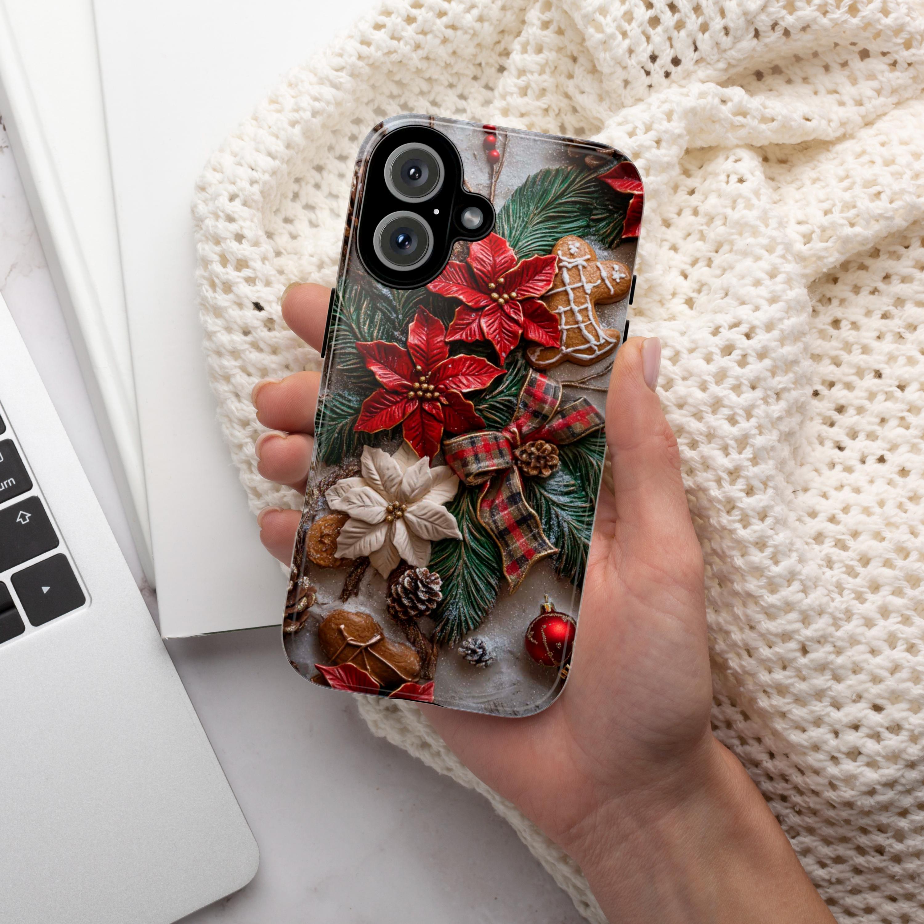 Xmas 3D Poinsettia Floral Phone Case, Holiday Red Green Brown light glitter effect for iPhone 16 15 14 13 Magsafe Plus, Samsung S24, 437.3