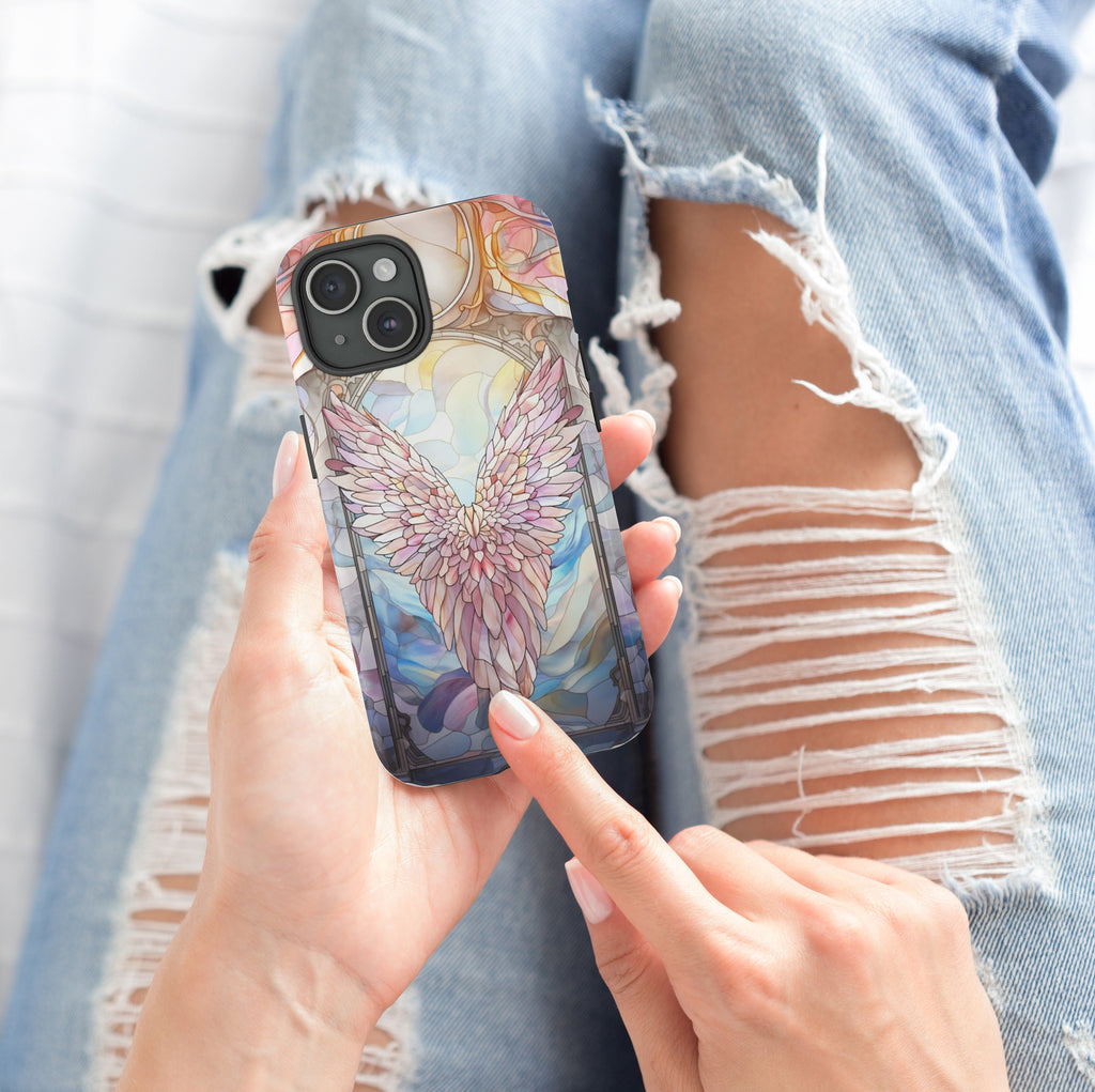 Stained Glass Angel Wings Phone Case, Aesthetic Phone Cover for iPhone 16 15 14 13 Magsafe, Pro Max Plus Samsung Galaxy S25, 358