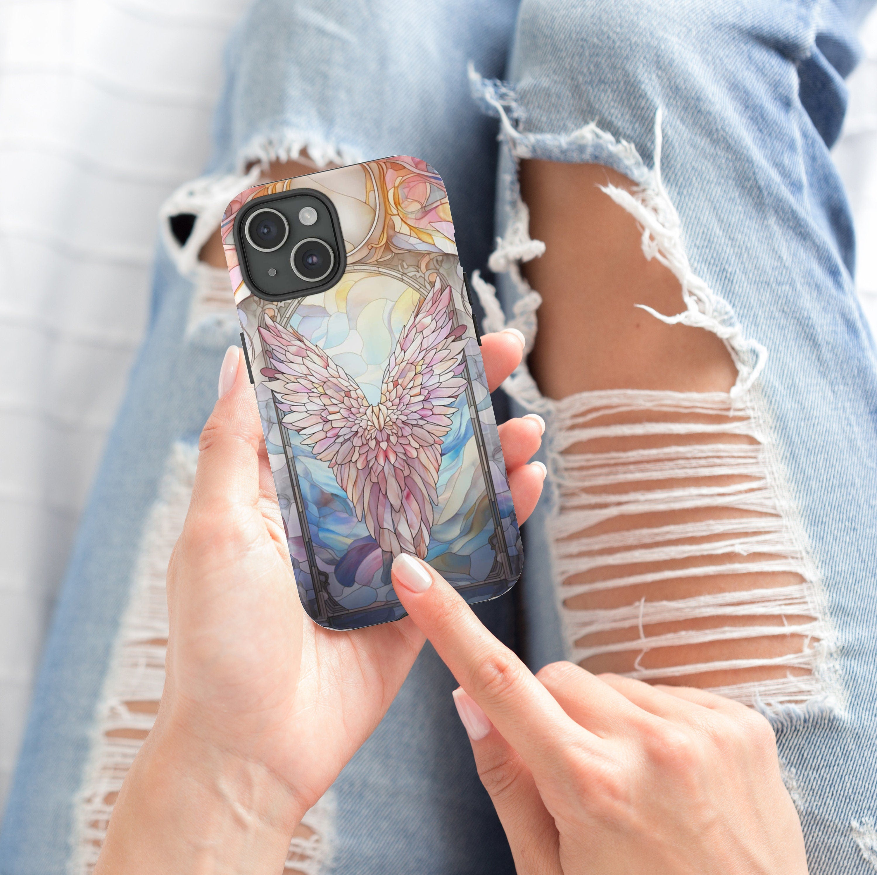 Stained Glass Angel Wings Phone Case, Aesthetic Phone Cover for iPhone 16 15 14 13 Magsafe, Pro Max Plus Samsung Galaxy S25, 358