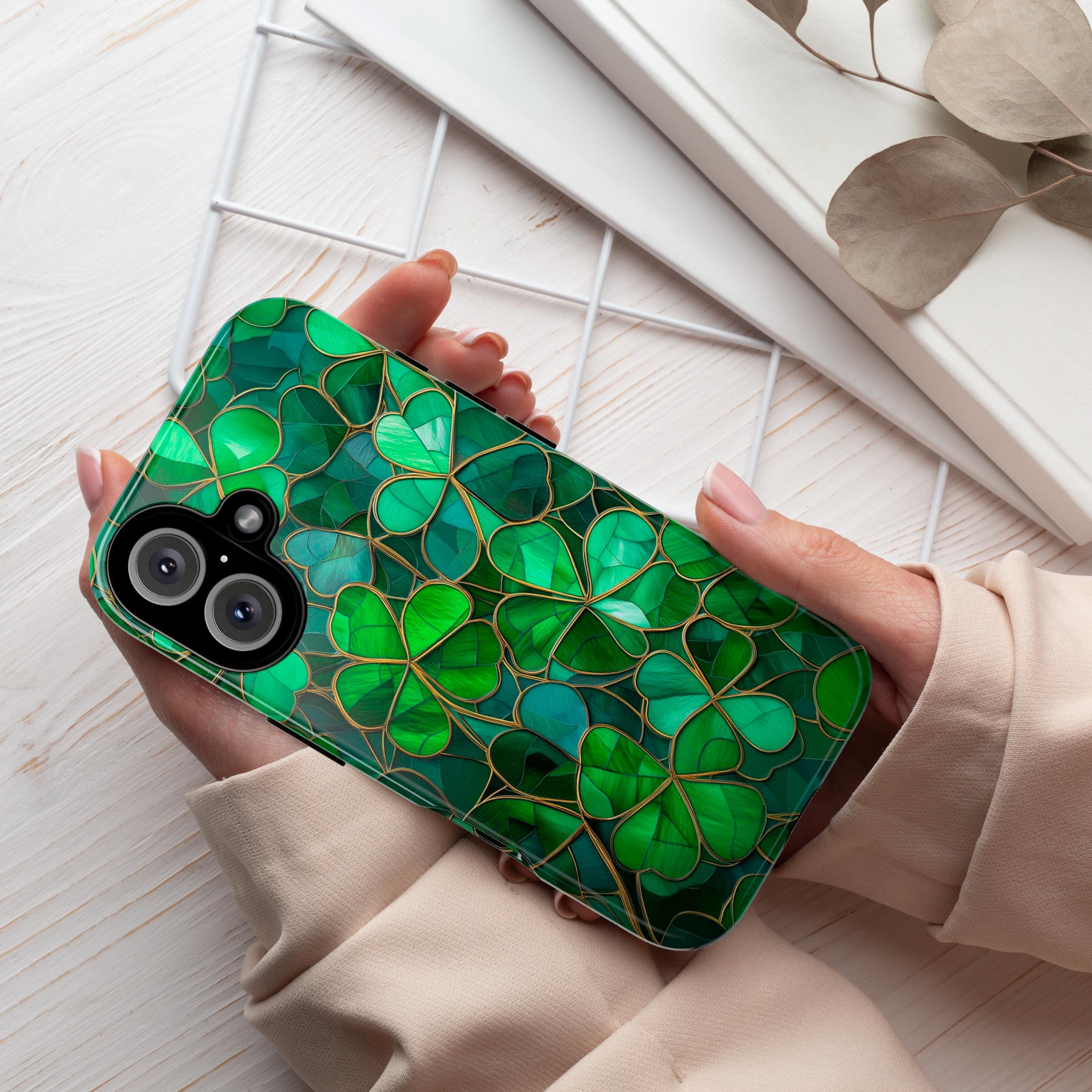 Stained Glass Shamrocks Phone Case, St Patrick's Day Irish Holiday Phone Cover for iPhone 16 15 14 13 Pro Magsafe Samsung Galaxy S24, 457,6
