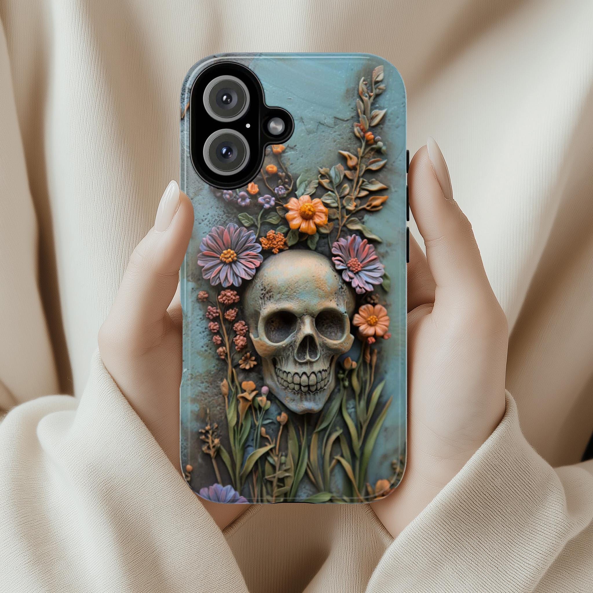 3D Floral Anatomy Skull Phone Case, Anatomical Dia de los Muertos Art Design, Floral Human Skull Phone Cover for iPhone, Galaxy,  435.2