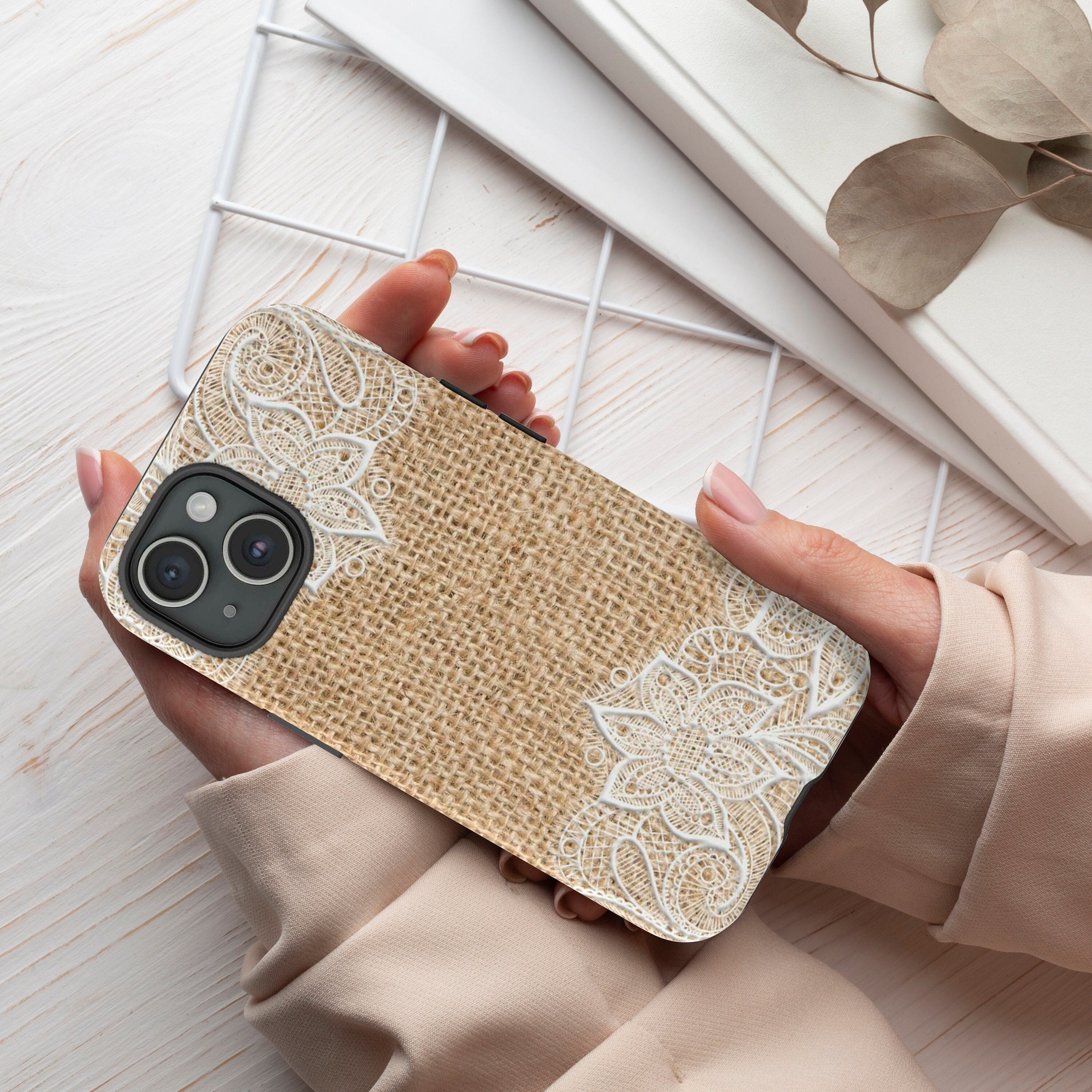 Personalized Burlap Lace Phone Case, Cottagecore Phone Case, Birthday Gift Cover for iPhone 15 14 13 12 11 XR Pro Max Plus/Samsung Galaxy