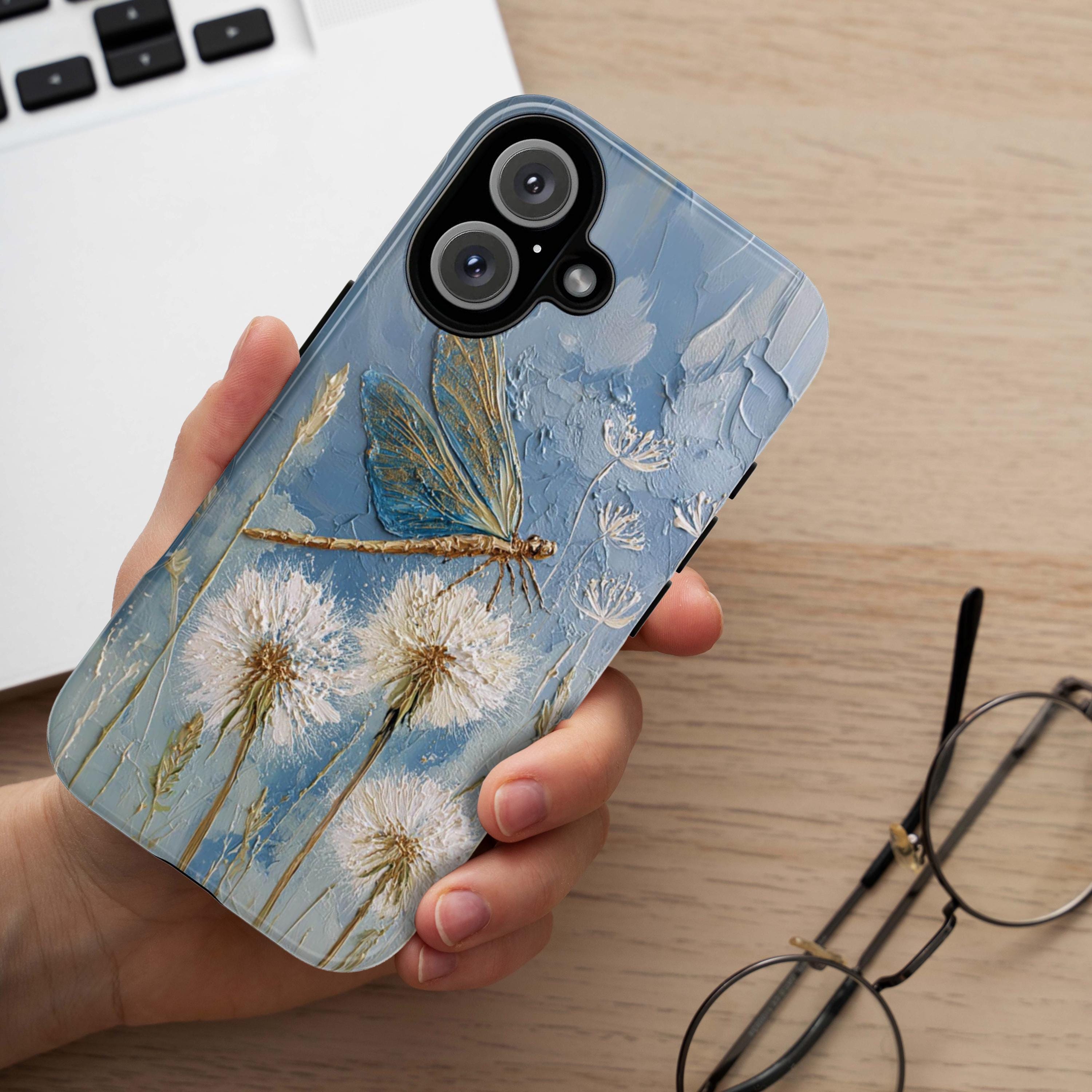 Dragonfly and Dandelion Phone Case with Oil Painting Effect, Nature Artistic Botanical Cover for iPhone Tough or Magsafe, Samsung, 476.25