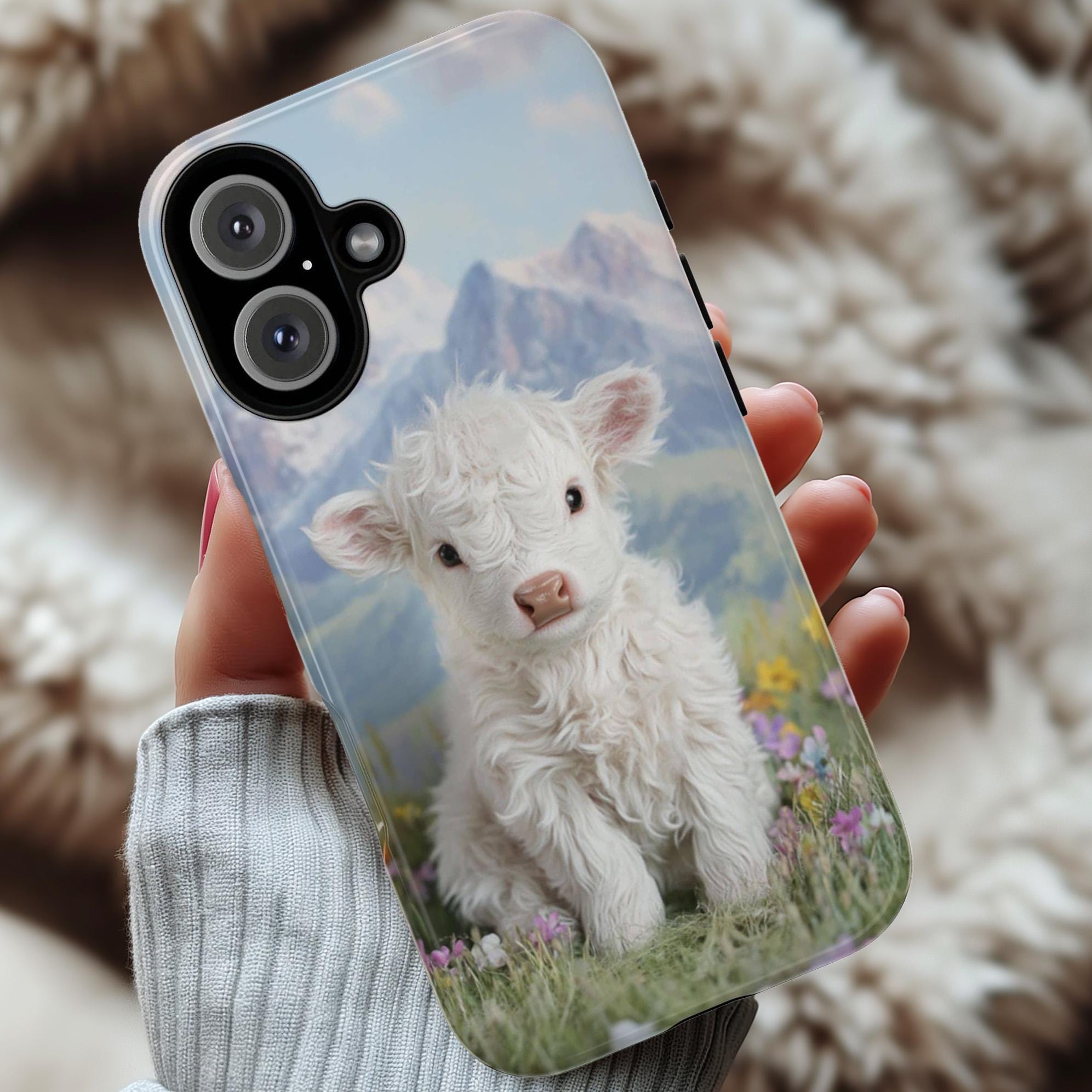 Cute Highland Calf Phone Case, Spring Meadow Floral Design with Mountain & Lake View Phone Cover for iPhone Tough or Magsafe, Samsung, 473.5