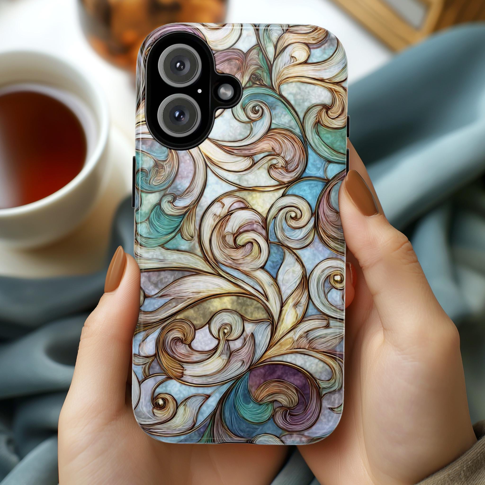 Pastel Abstract Phone Case with Elegant Pattern, Stained Glass Style, Artistic Phone Cover for iPhone MagSafe and Tough Case, Samsung, 478.9