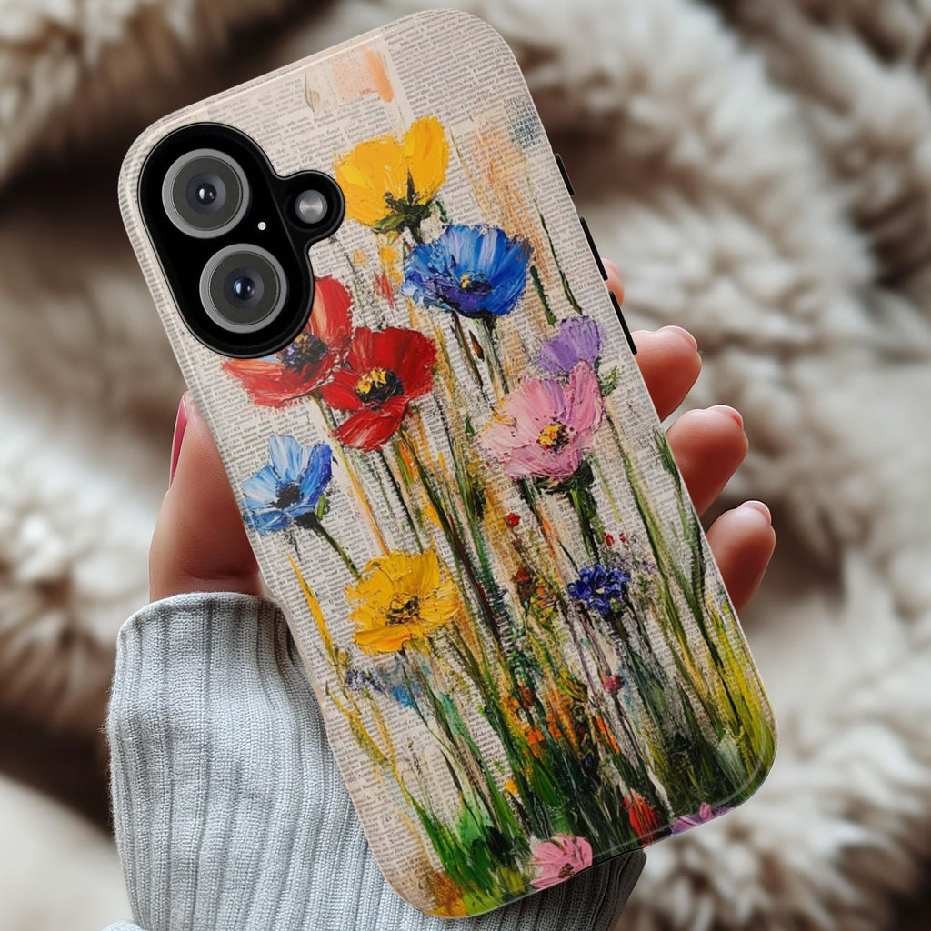 Rustic French Style Phone Case with Old Newspaper Background and Painted Floral Design for iPhone Tough or Magsafe, Samsung, 477.3