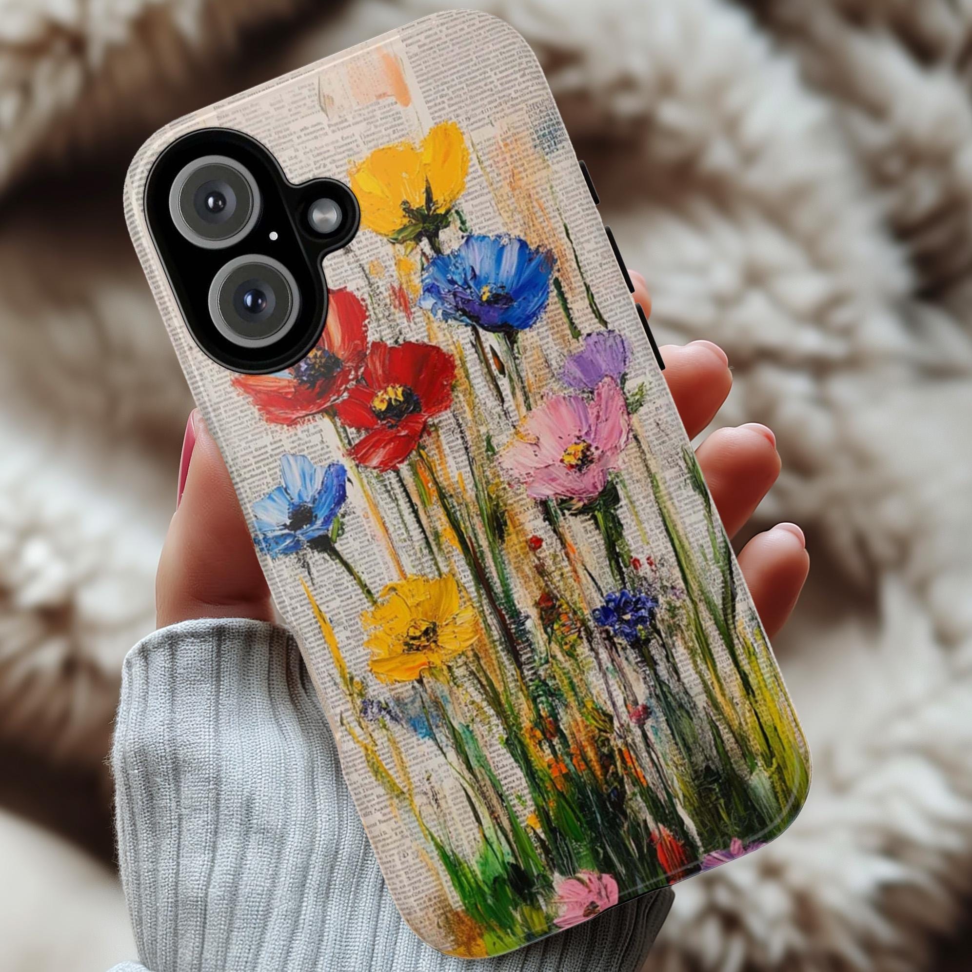 Rustic French Style Phone Case with Old Newspaper Background and Painted Floral Design for iPhone Tough or Magsafe, Samsung, 477.3